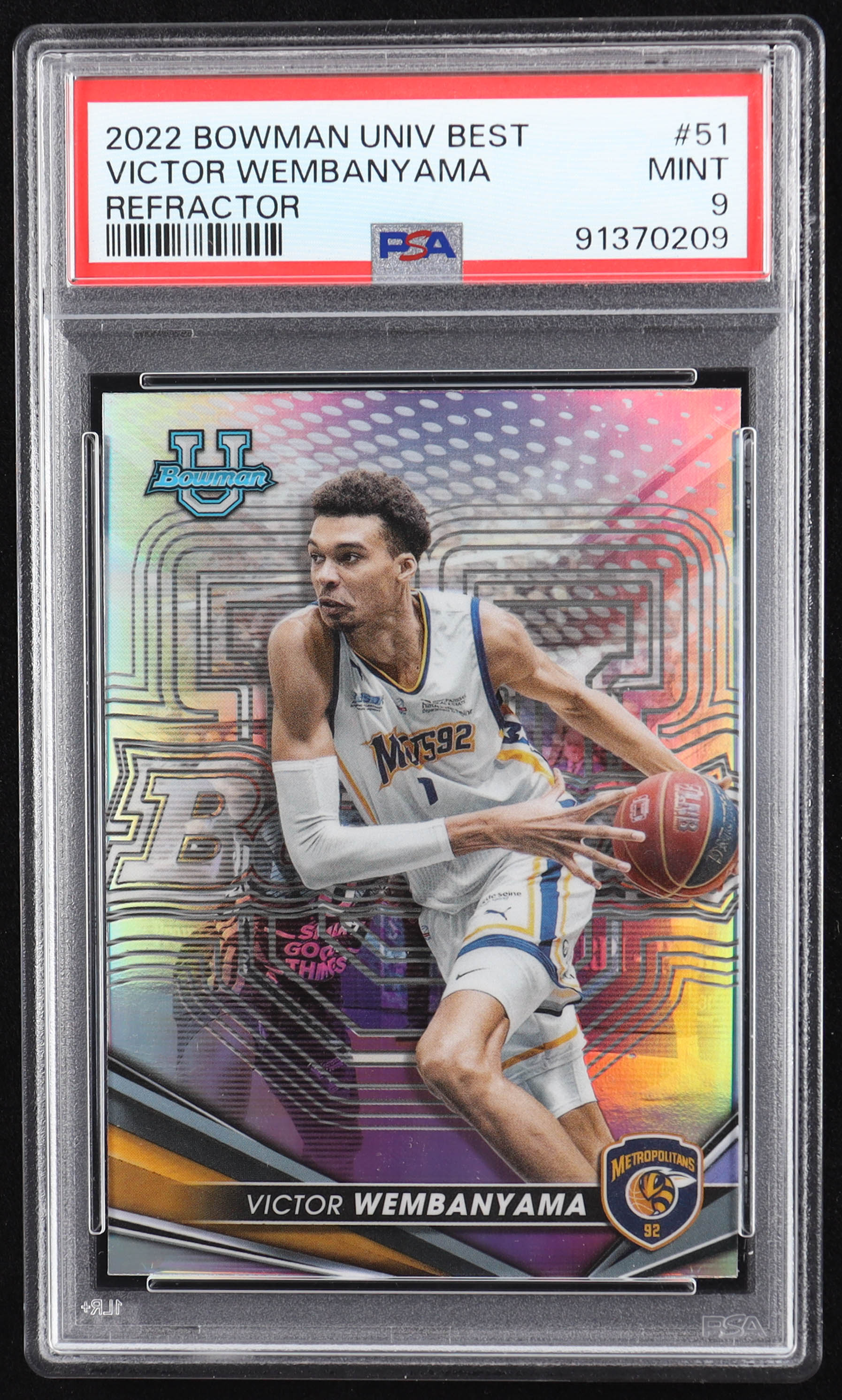 Victor Wembanyama 2022-23 Bowman's Best University Refractors #51 RC (PSA 9) at PristineAuction.com Victor Wembanyama 2022-23 Bowman's Best University Refractors #51 RC (PSA 9) at PristineAuction.com