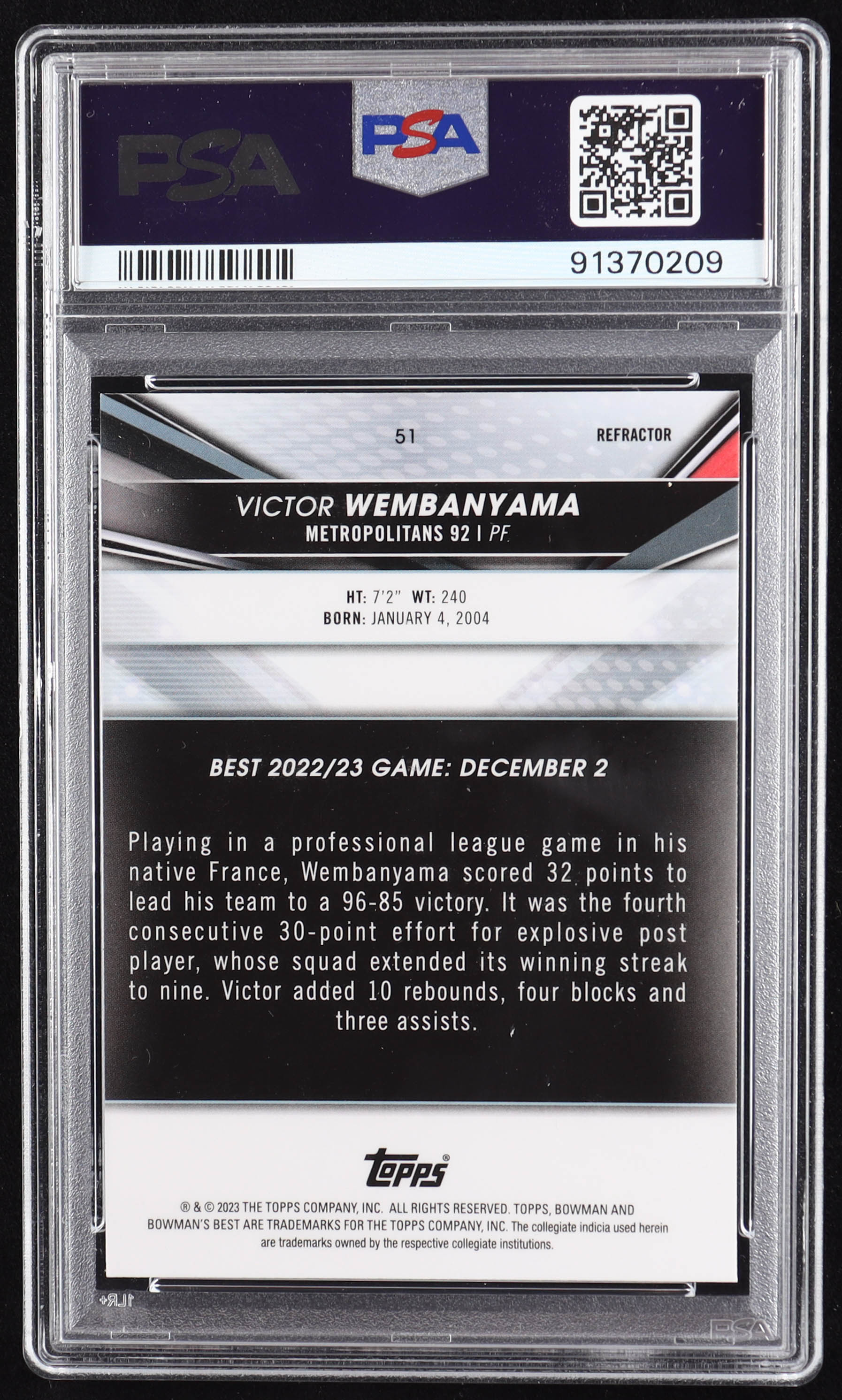 Victor Wembanyama 2022-23 Bowman's Best University Refractors #51 RC (PSA 9) at PristineAuction.com Victor Wembanyama 2022-23 Bowman's Best University Refractors #51 RC (PSA 9) at PristineAuction.com