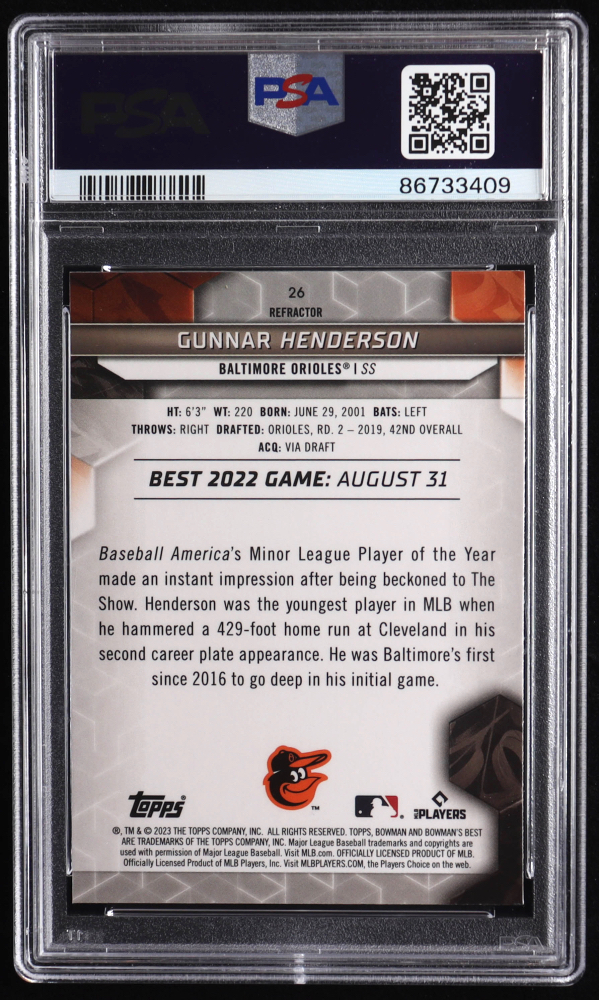 Gunnar Henderson 2023 Bowman's Best Refractors #26 RC (PSA 10) at PristineAuction.com Gunnar Henderson 2023 Bowman's Best Refractors #26 RC (PSA 10) at PristineAuction.com