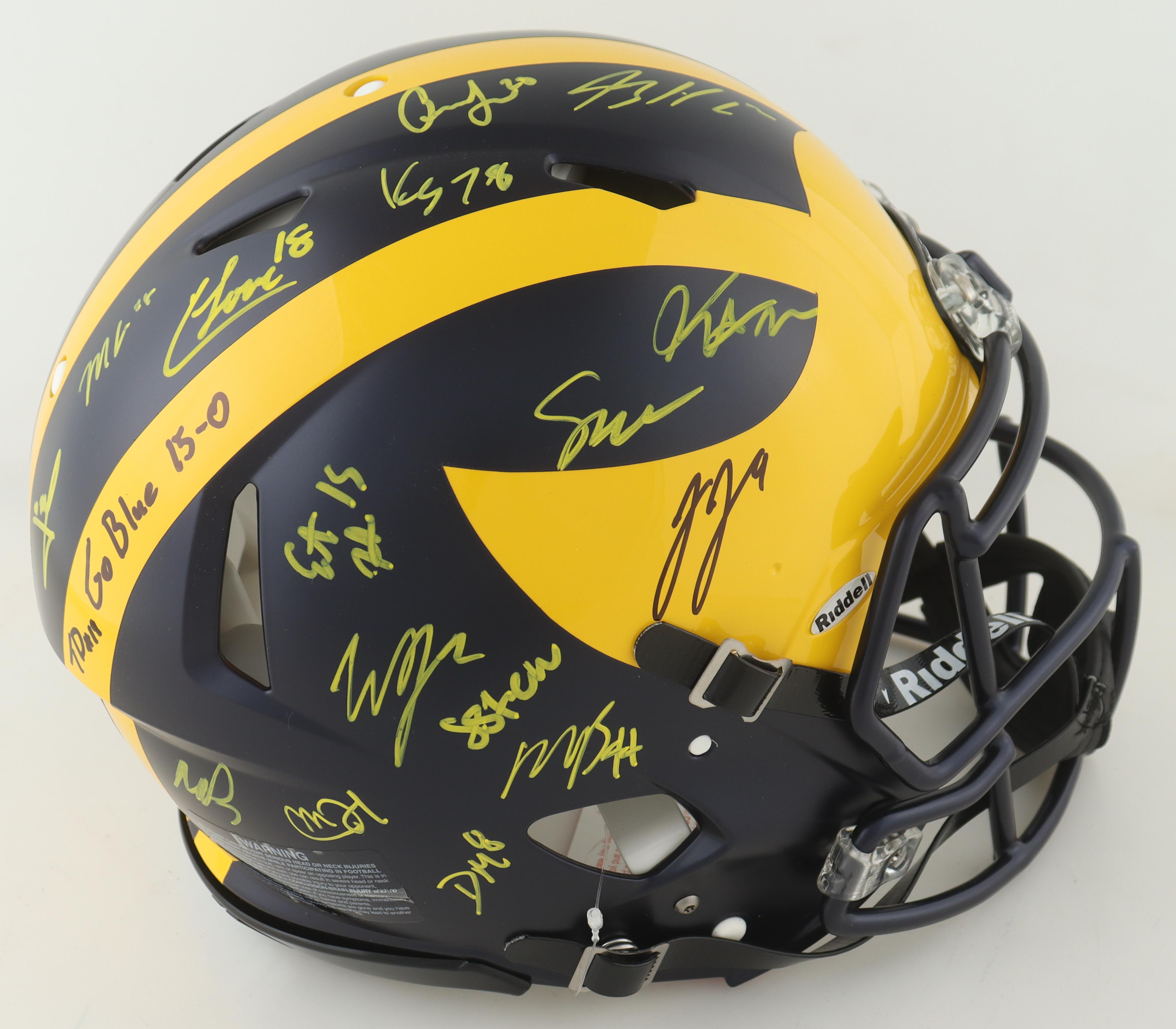 2023 Michigan Wolverines Full-Size Replica Speed Helmet Team-Signed by (17) with J.J. McCarthy, Blake Corum, Roman Wilson, Colston Loveland (Beckett) at PristineAuction.com 2023 Michigan Wolverines Full-Size Replica Speed Helmet Team-Signed by (17) with J.J. McCarthy, Blake Corum, Roman Wilson, Colston Loveland (Beckett) at PristineAuction.com