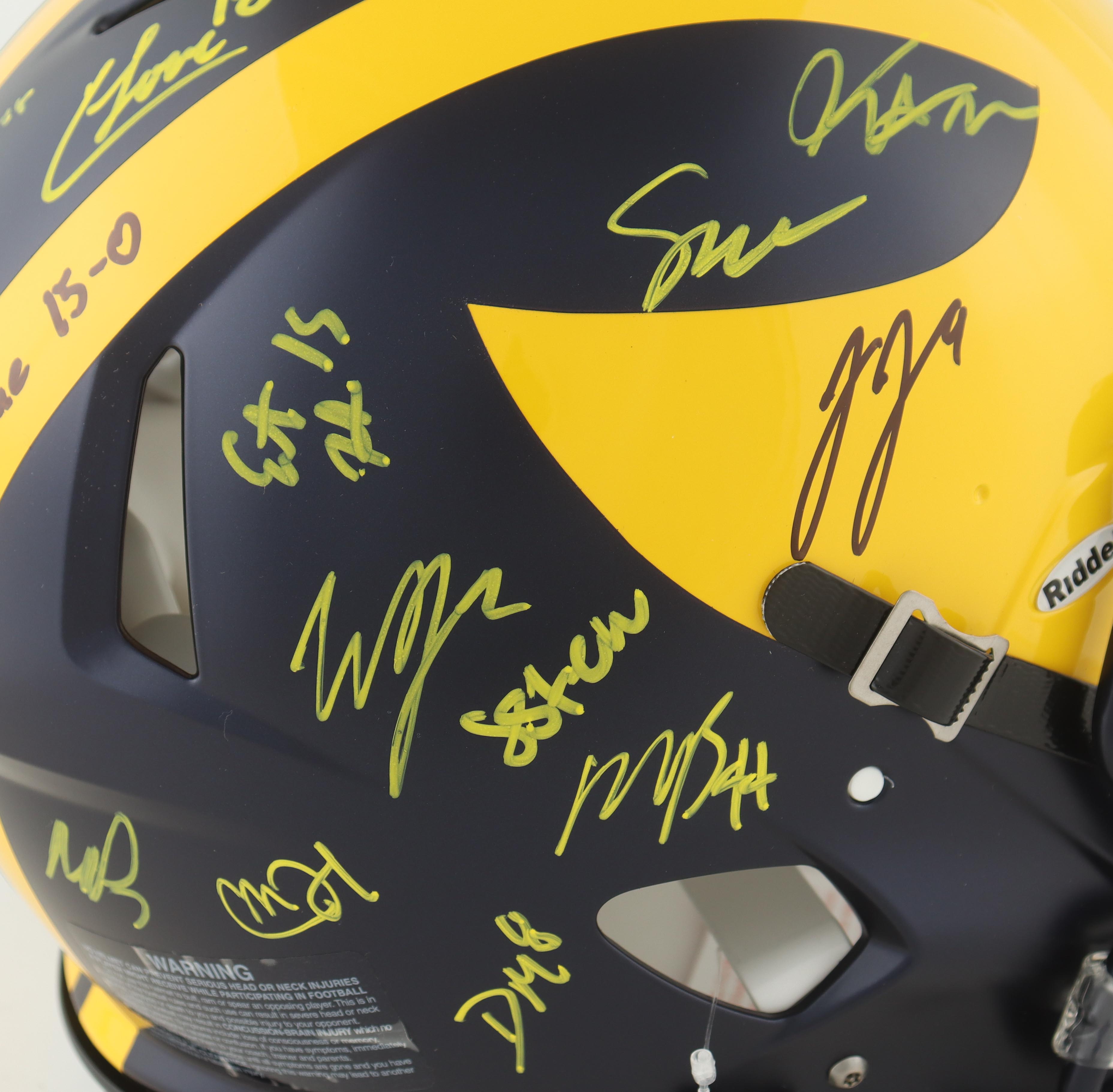 2023 Michigan Wolverines Full-Size Replica Speed Helmet Team-Signed by (17) with J.J. McCarthy, Blake Corum, Roman Wilson, Colston Loveland (Beckett) at PristineAuction.com 2023 Michigan Wolverines Full-Size Replica Speed Helmet Team-Signed by (17) with J.J. McCarthy, Blake Corum, Roman Wilson, Colston Loveland (Beckett) at PristineAuction.com