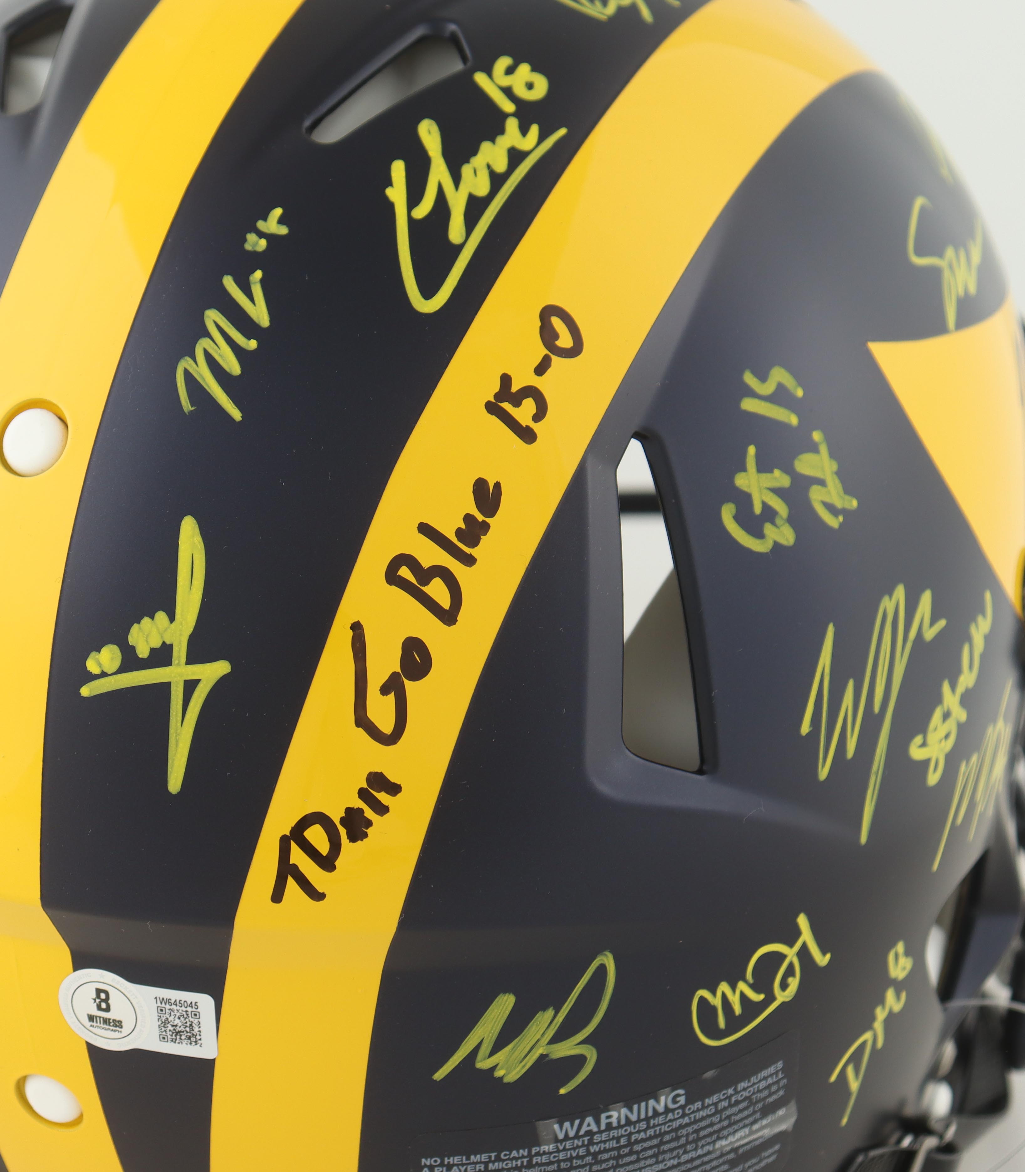 2023 Michigan Wolverines Full-Size Replica Speed Helmet Team-Signed by (17) with J.J. McCarthy, Blake Corum, Roman Wilson, Colston Loveland (Beckett) at PristineAuction.com 2023 Michigan Wolverines Full-Size Replica Speed Helmet Team-Signed by (17) with J.J. McCarthy, Blake Corum, Roman Wilson, Colston Loveland (Beckett) at PristineAuction.com