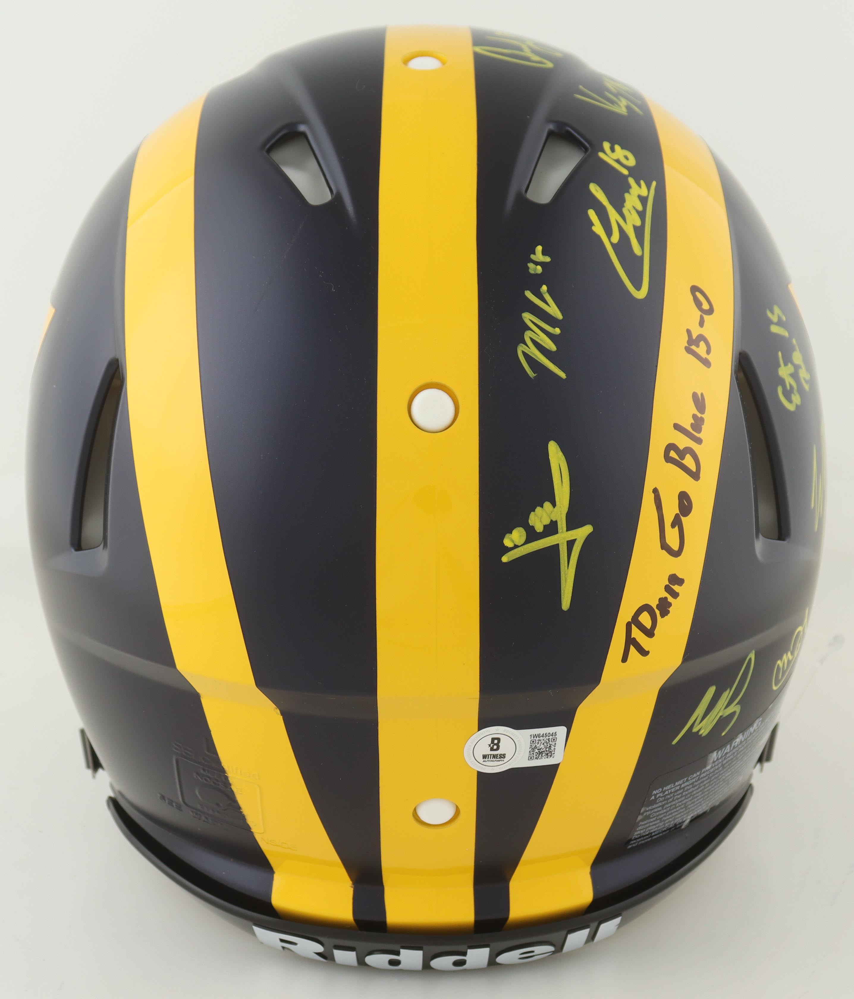 2023 Michigan Wolverines Full-Size Replica Speed Helmet Team-Signed by (17) with J.J. McCarthy, Blake Corum, Roman Wilson, Colston Loveland (Beckett) at PristineAuction.com 2023 Michigan Wolverines Full-Size Replica Speed Helmet Team-Signed by (17) with J.J. McCarthy, Blake Corum, Roman Wilson, Colston Loveland (Beckett) at PristineAuction.com
