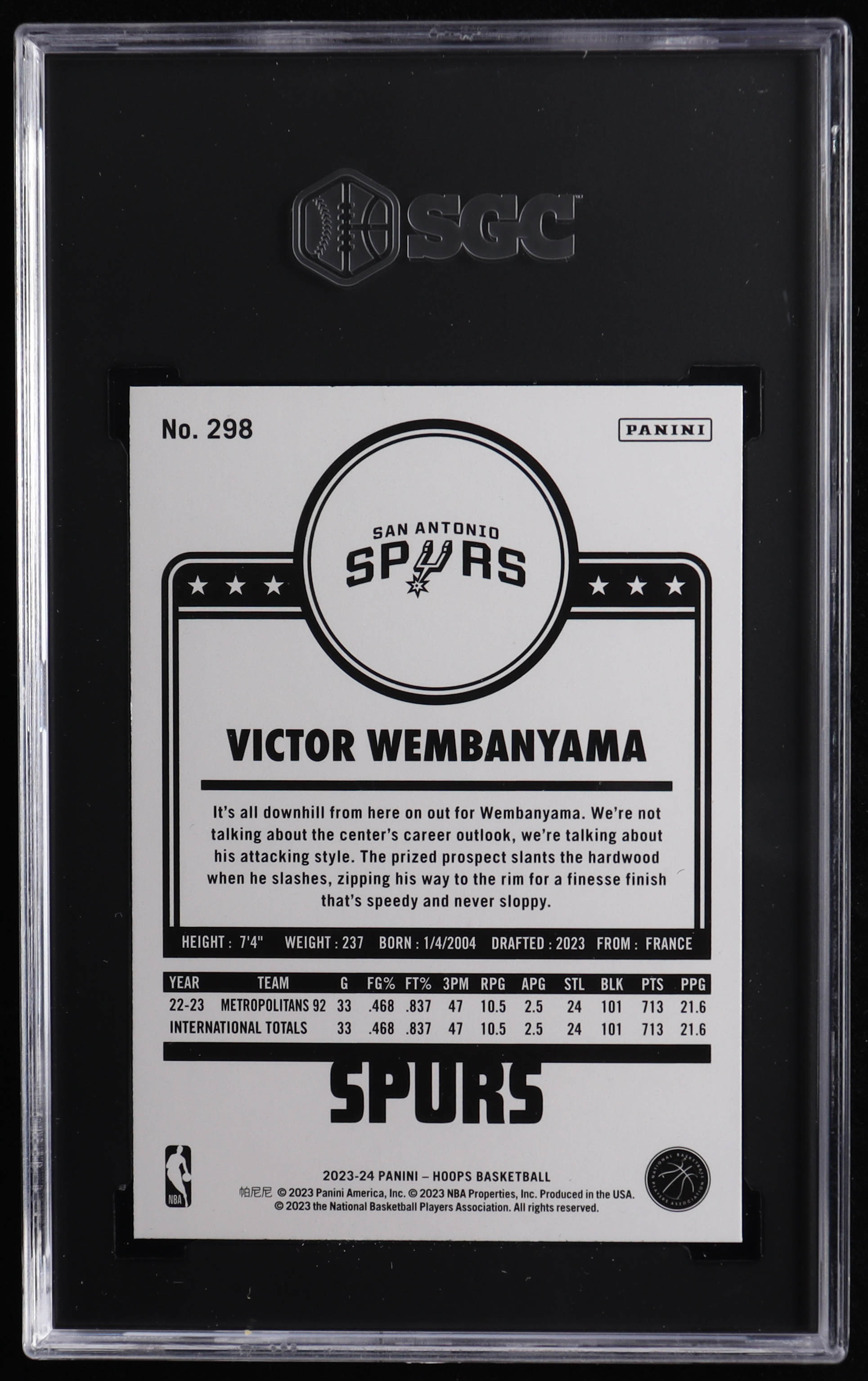 Victor Wembanyama 2023-24 Hoops #298 RC (SGC 10) at PristineAuction.com Victor Wembanyama 2023-24 Hoops #298 RC (SGC 10) at PristineAuction.com