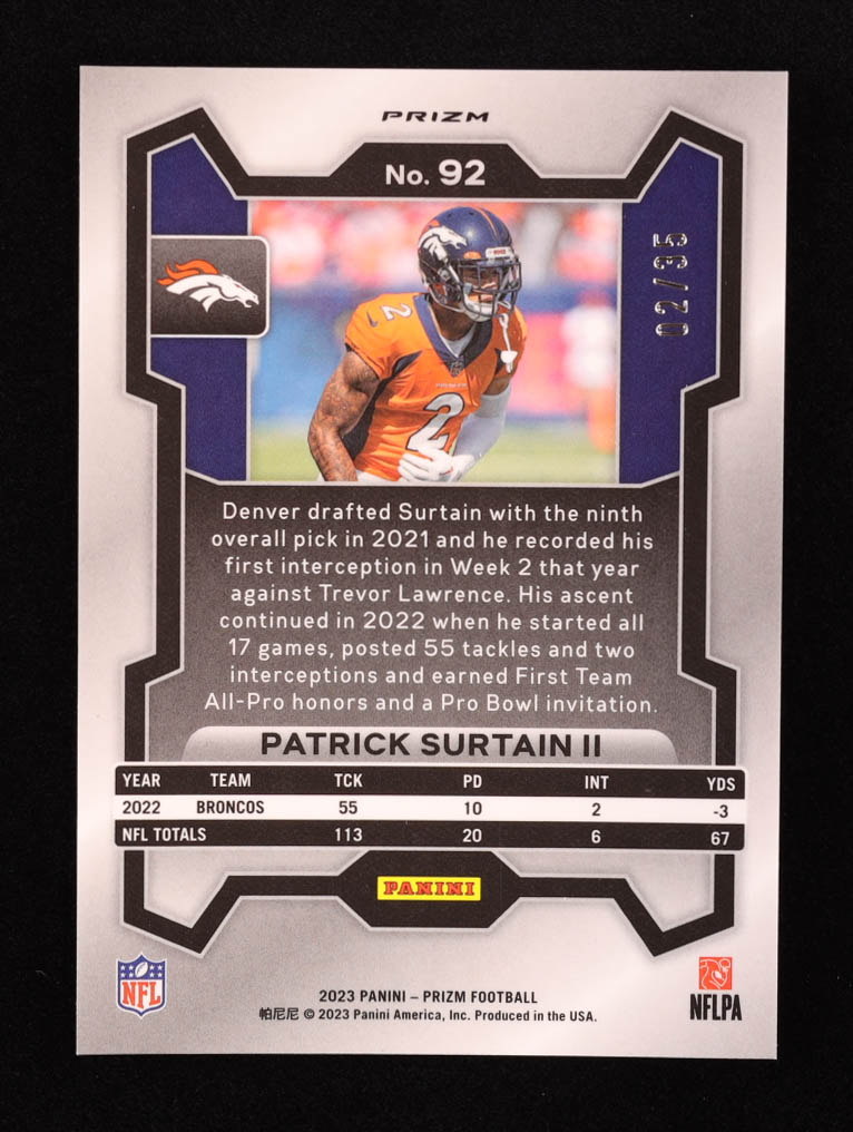 Patrick Surtain II 2022 Panini Prizm Prizms No Huddle Purple #92 RC #2/35 at PristineAuction.com Patrick Surtain II 2022 Panini Prizm Prizms No Huddle Purple #92 RC #2/35 at PristineAuction.com