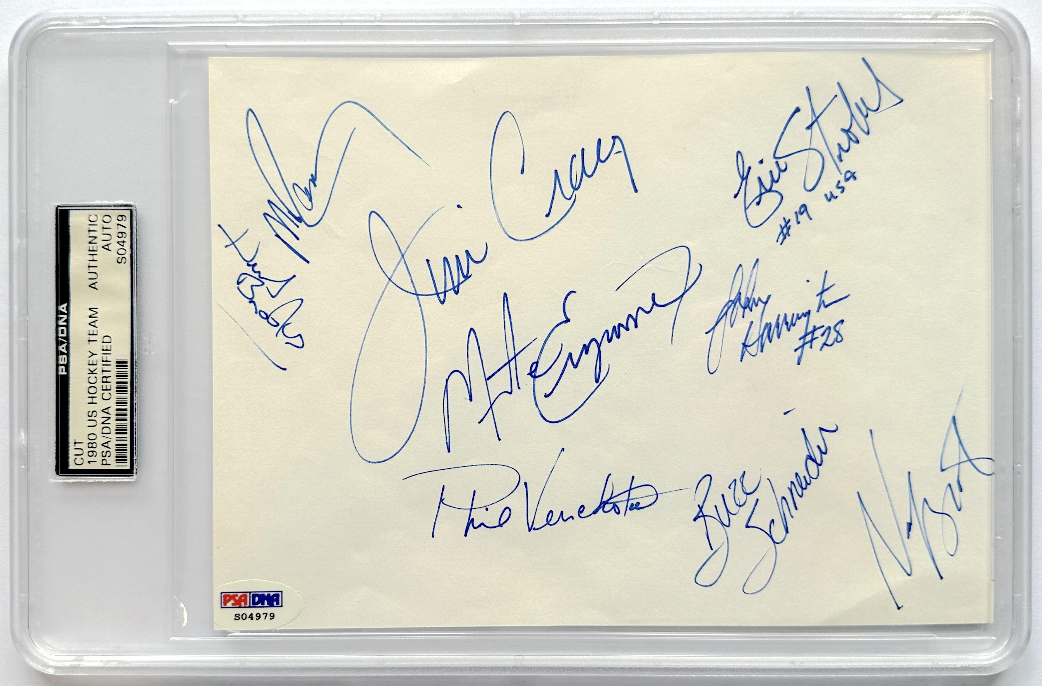 1980 "Miracle on Ice" Team USA Hockey Team 6x8 Cut Team-Signed By (9) with Herb Brooks, Jim Craig, Mike Eruzione (PSA) at PristineAuction.com 1980 "Miracle on Ice" Team USA Hockey Team 6x8 Cut Team-Signed By (9) with Herb Brooks, Jim Craig, Mike Eruzione (PSA) at PristineAuction.com