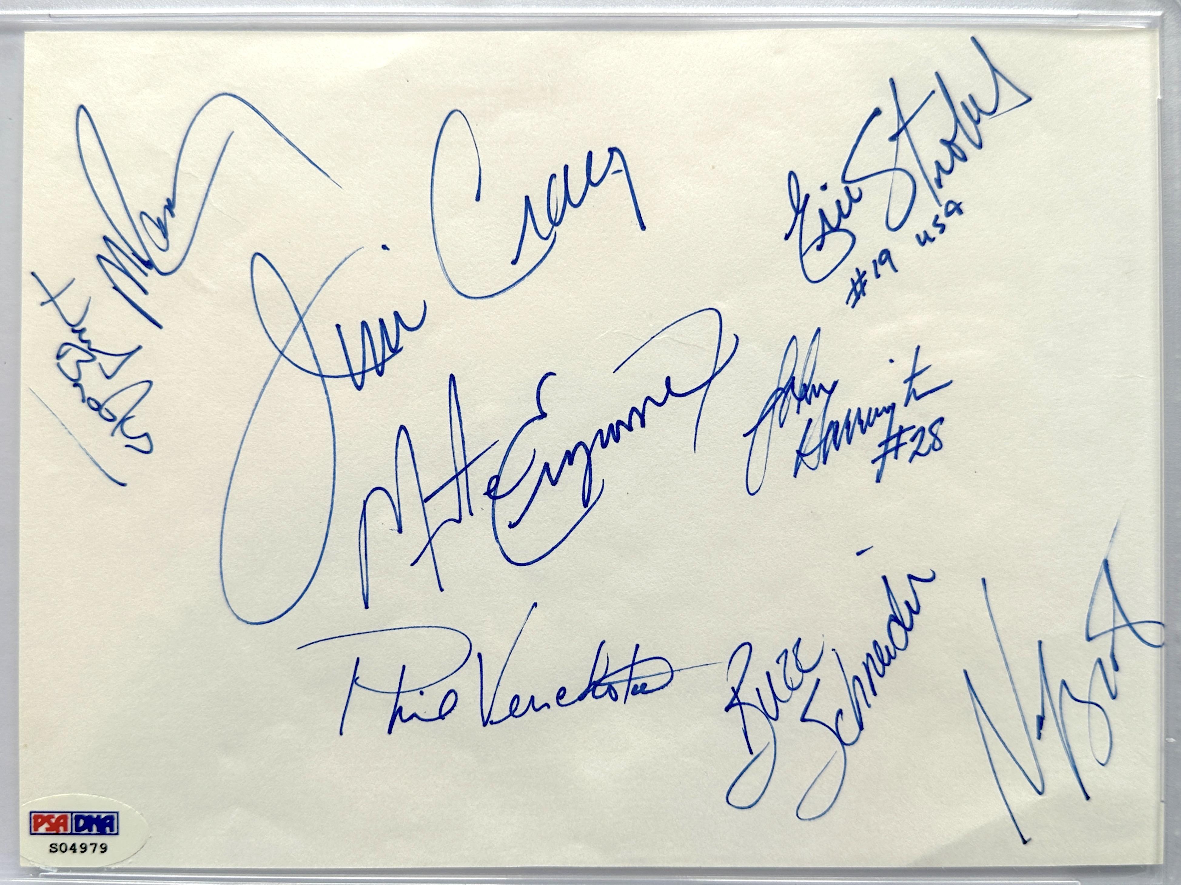 1980 "Miracle on Ice" Team USA Hockey Team 6x8 Cut Team-Signed By (9) with Herb Brooks, Jim Craig, Mike Eruzione (PSA) at PristineAuction.com 1980 "Miracle on Ice" Team USA Hockey Team 6x8 Cut Team-Signed By (9) with Herb Brooks, Jim Craig, Mike Eruzione (PSA) at PristineAuction.com