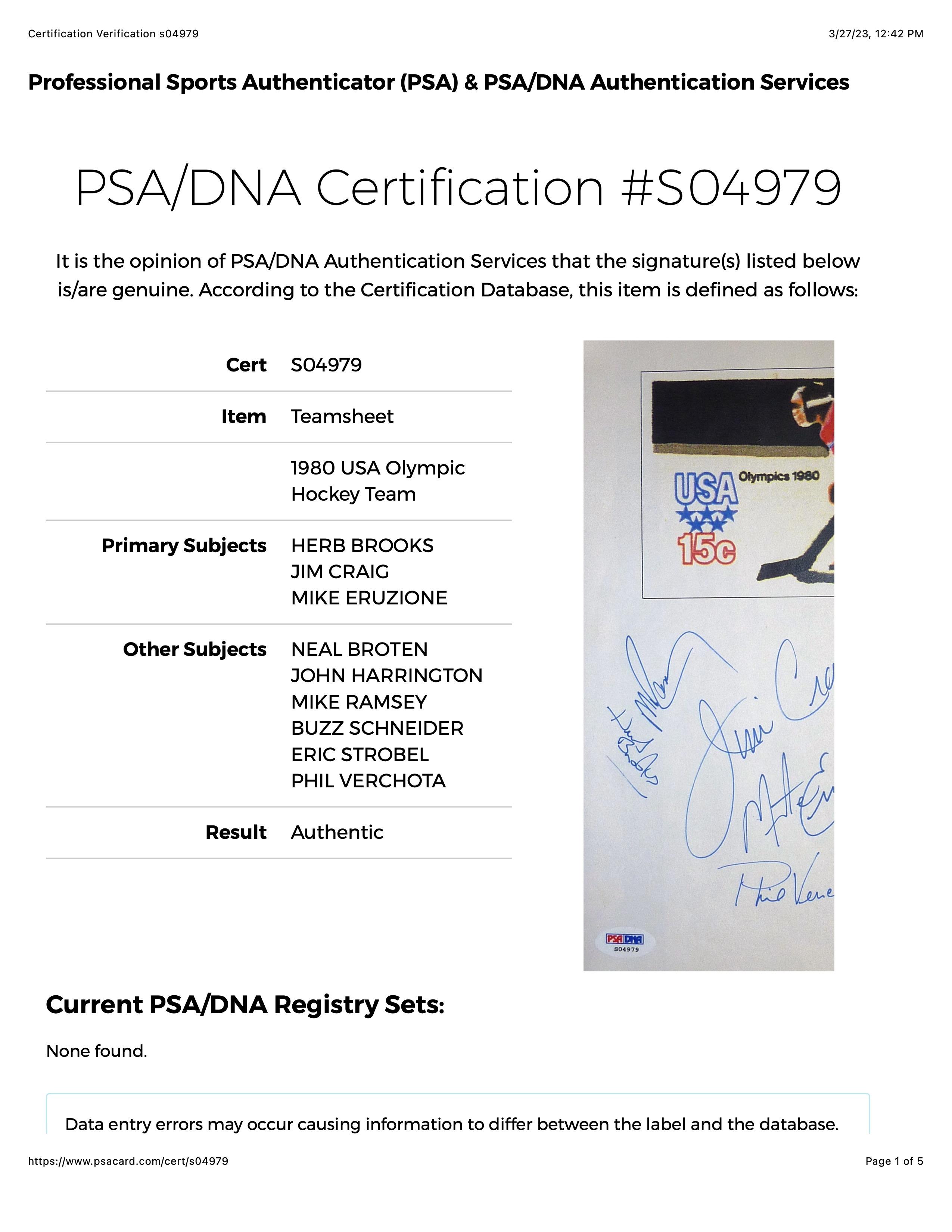 1980 "Miracle on Ice" Team USA Hockey Team 6x8 Cut Team-Signed By (9) with Herb Brooks, Jim Craig, Mike Eruzione (PSA) at PristineAuction.com 1980 "Miracle on Ice" Team USA Hockey Team 6x8 Cut Team-Signed By (9) with Herb Brooks, Jim Craig, Mike Eruzione (PSA) at PristineAuction.com