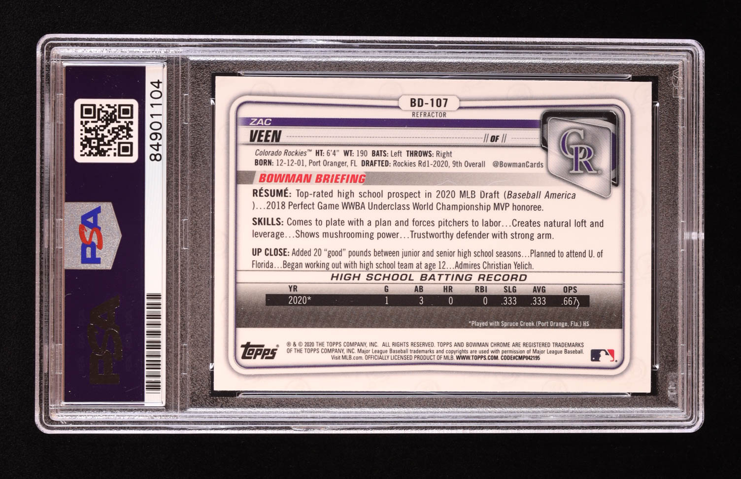 Zac Veen Signed 2020 Bowman Chrome Draft Refractors #BD107 RC (PSA) at PristineAuction.com Zac Veen Signed 2020 Bowman Chrome Draft Refractors #BD107 RC (PSA) at PristineAuction.com