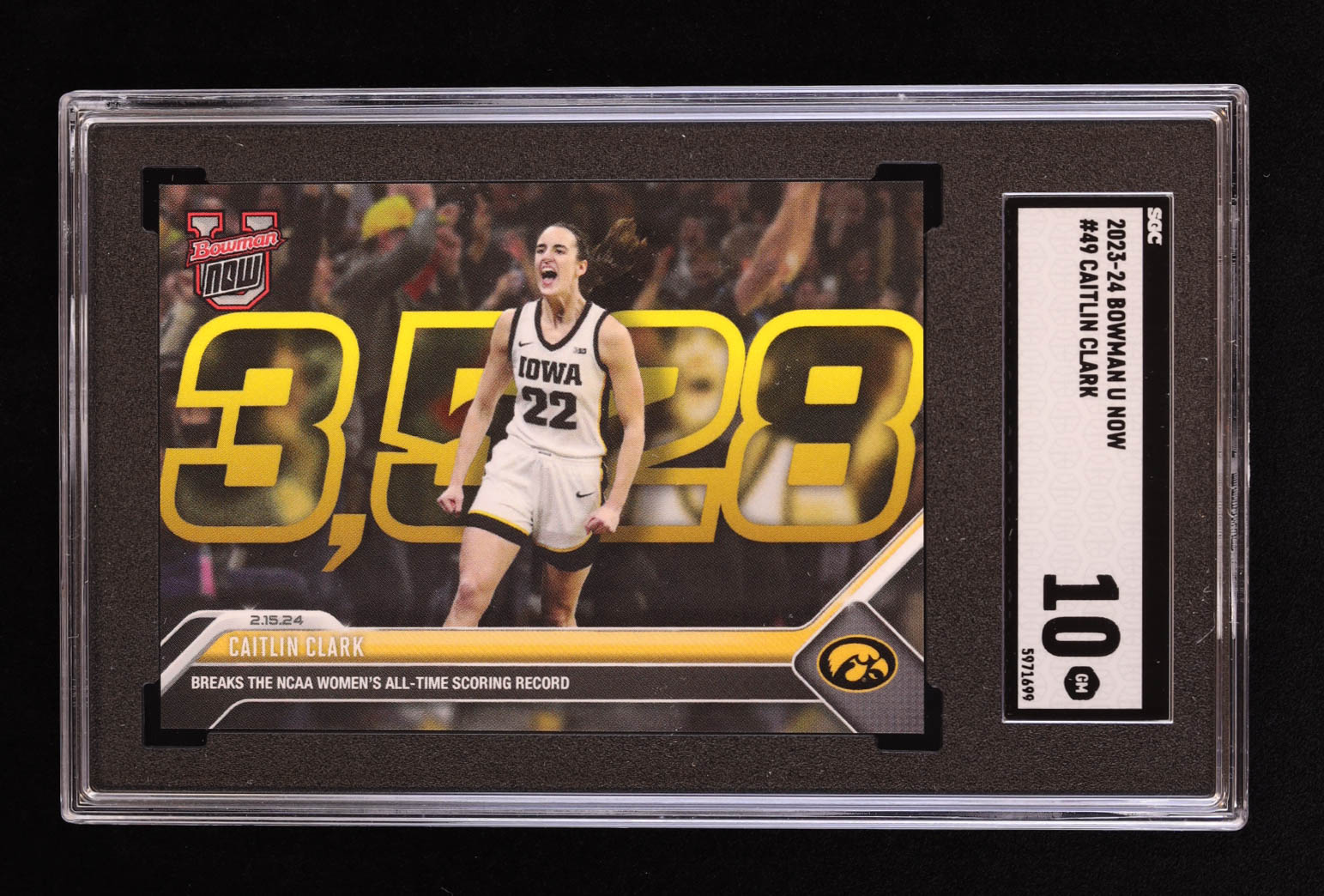 Caitlin Clark 2023-24 Bowman University Now #49 RC (SGC 10) at PristineAuction.com Caitlin Clark 2023-24 Bowman University Now #49 RC (SGC 10) at PristineAuction.com