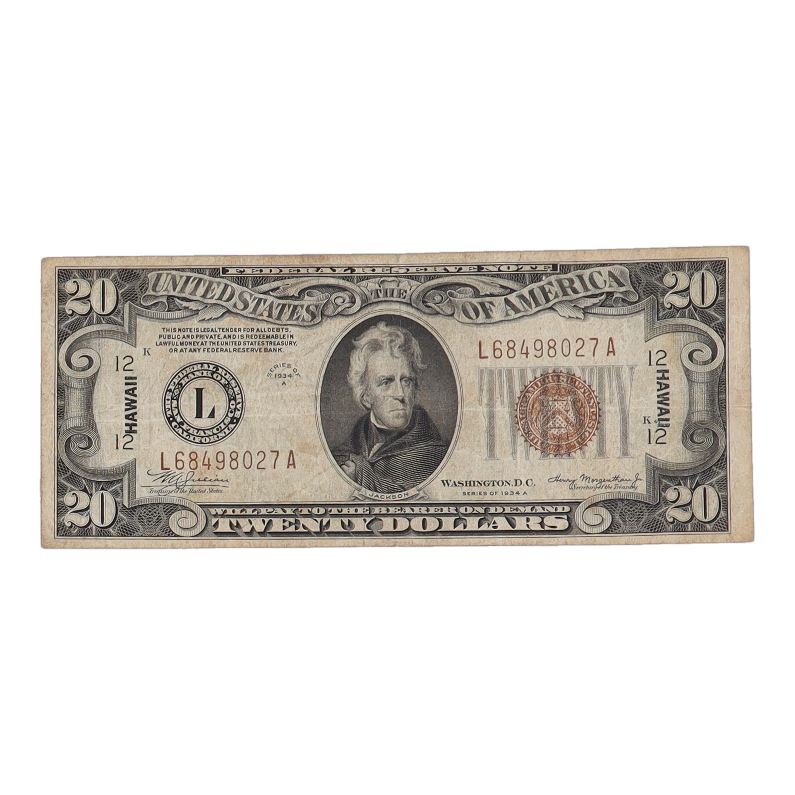 1934-A U.S. $20 Hawaii Overprint Federal Reserve Note at PristineAuction.com 1934-A U.S. $20 Hawaii Overprint Federal Reserve Note at PristineAuction.com