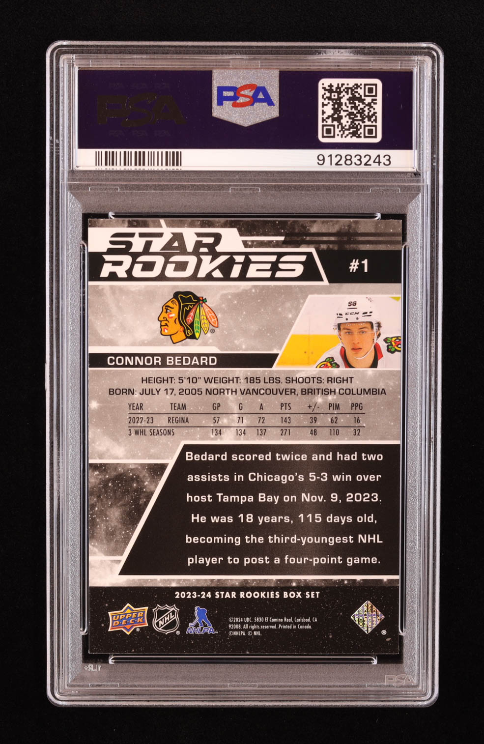 Connor Bedard 2023-24 Upper Deck Star Rookies #1 RC (PSA 10) at PristineAuction.com Connor Bedard 2023-24 Upper Deck Star Rookies #1 RC (PSA 10) at PristineAuction.com