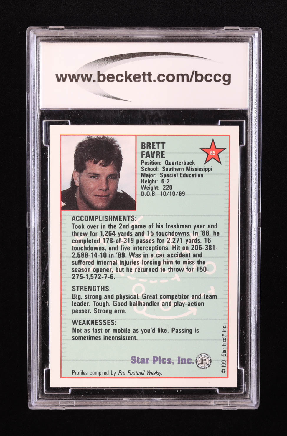 Brett Favre 1991 Star Pics #65 RC (BCCG 10) at PristineAuction.com Brett Favre 1991 Star Pics #65 RC (BCCG 10) at PristineAuction.com