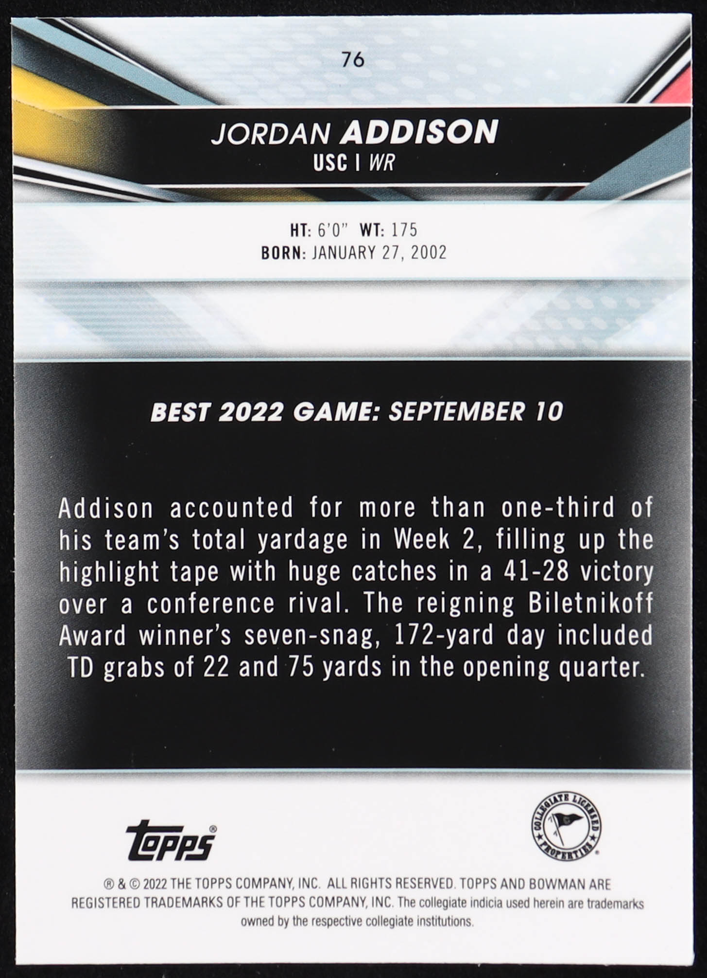 Jordan Addison 2022 Bowman's Best University Shimmer Refractors #76 RC at PristineAuction.com Jordan Addison 2022 Bowman's Best University Shimmer Refractors #76 RC at PristineAuction.com