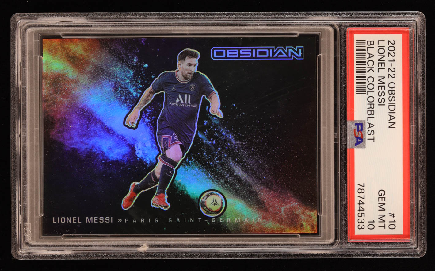 Lionel Messi 2021-22 Panini Obsidian Black Colorblast #10 (PSA 10) at PristineAuction.com Lionel Messi 2021-22 Panini Obsidian Black Colorblast #10 (PSA 10) at PristineAuction.com