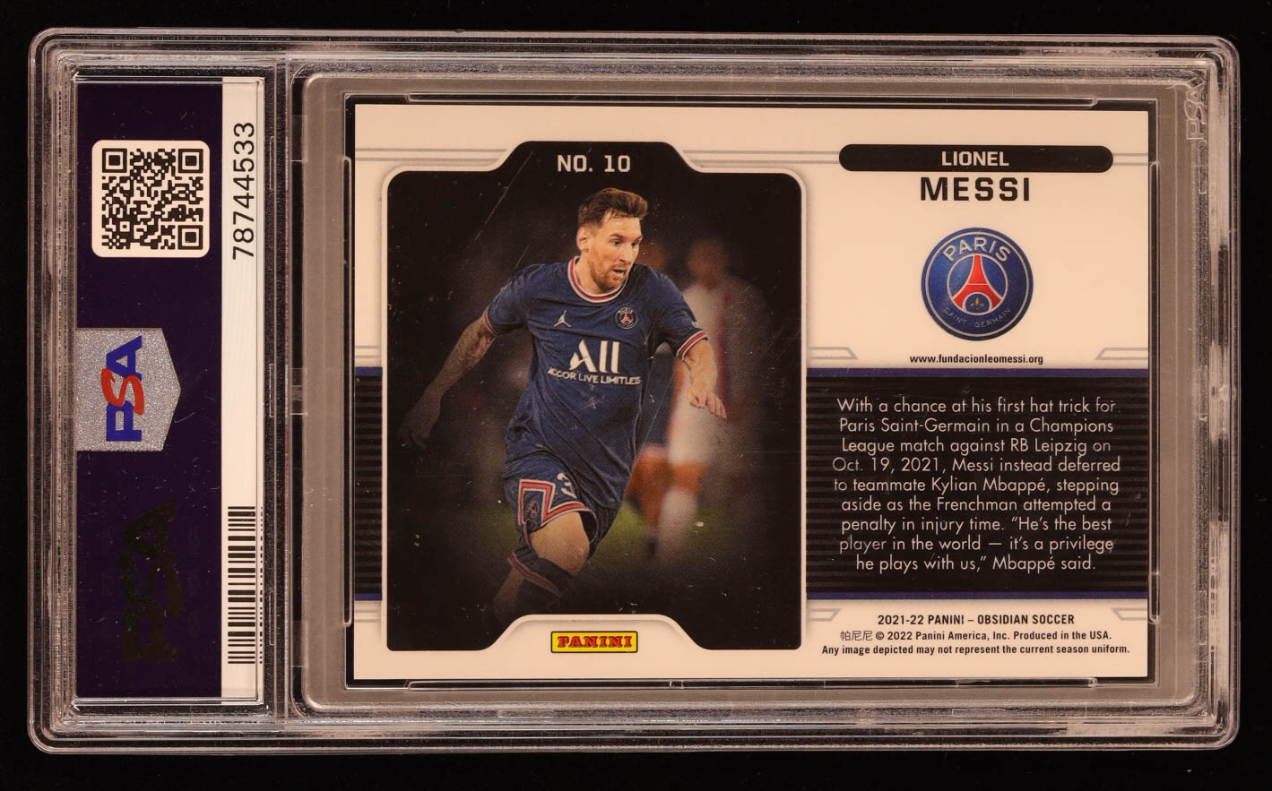 Lionel Messi 2021-22 Panini Obsidian Black Colorblast #10 (PSA 10) at PristineAuction.com Lionel Messi 2021-22 Panini Obsidian Black Colorblast #10 (PSA 10) at PristineAuction.com