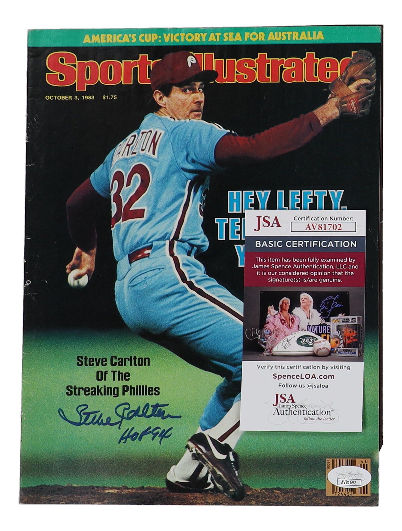 Steve Carlton Signed "Sports Illustrated" 8x10 Magazine Cover Inscribed "HOF 94" (JSA) at PristineAuction.com Steve Carlton Signed "Sports Illustrated" 8x10 Magazine Cover Inscribed "HOF 94" (JSA) at PristineAuction.com