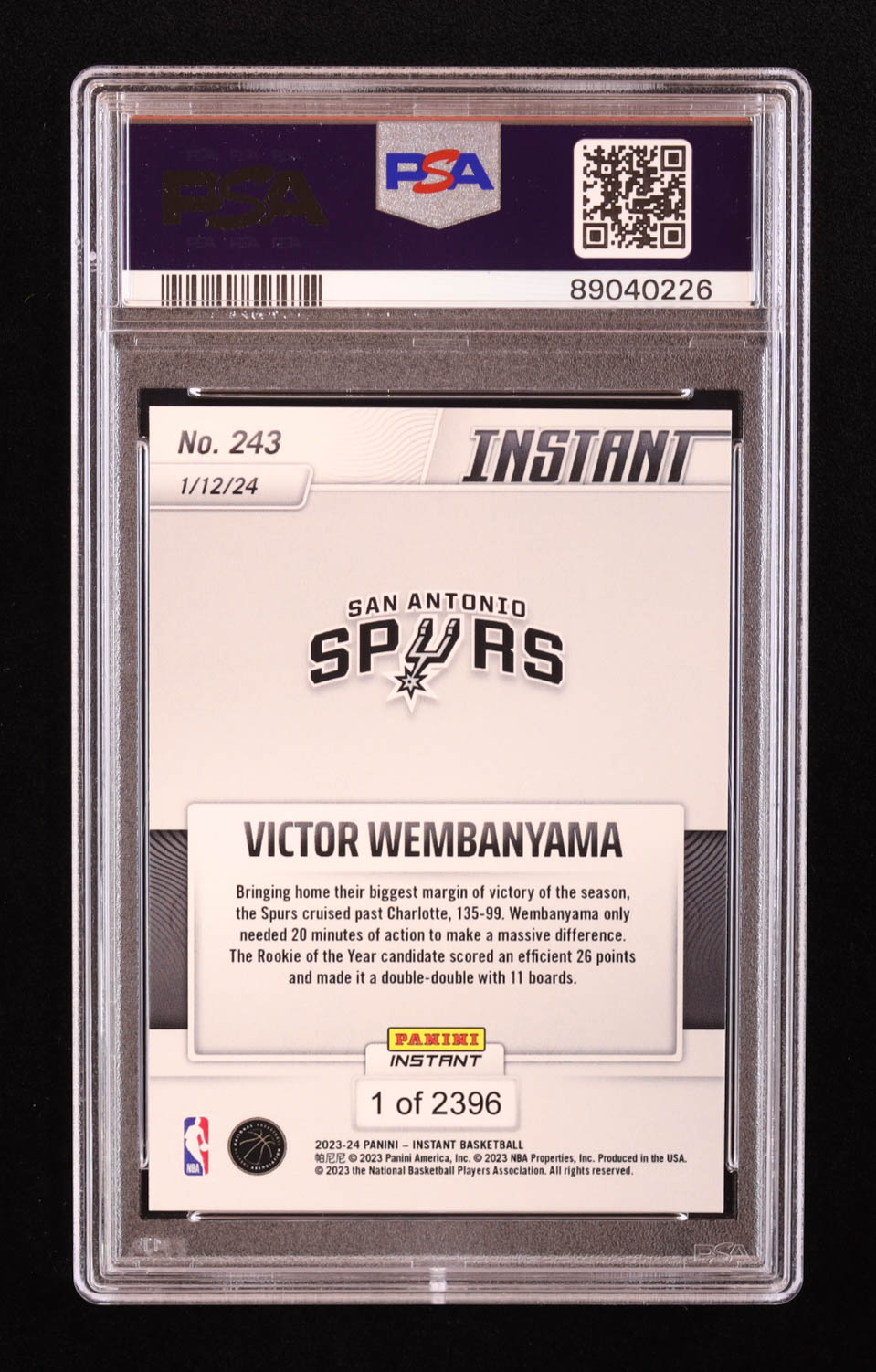 Victor Wembanyama 2023-24 Panini Instant #243 RC (PSA 10) at PristineAuction.com Victor Wembanyama 2023-24 Panini Instant #243 RC (PSA 10) at PristineAuction.com