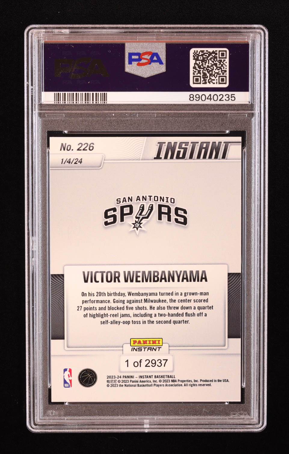 Victor Wembanyama 2023-24 Panini Instant #226 RC (PSA 10) at PristineAuction.com Victor Wembanyama 2023-24 Panini Instant #226 RC (PSA 10) at PristineAuction.com