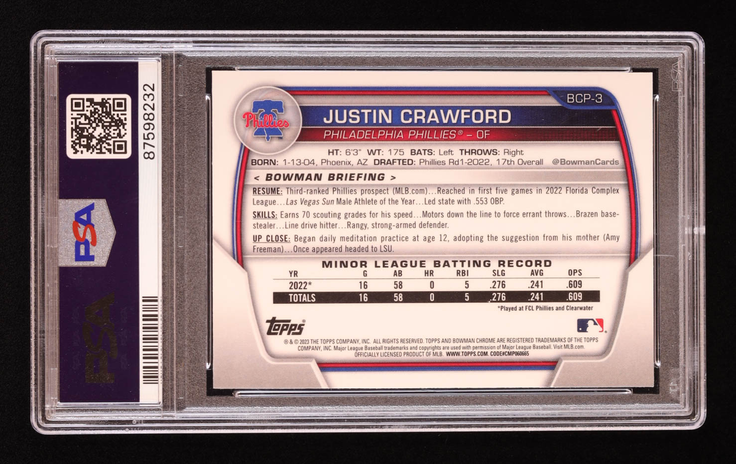 Justin Crawford 2023 Bowman Chrome Prospects #BCP3 RC (PSA 10) at PristineAuction.com Justin Crawford 2023 Bowman Chrome Prospects #BCP3 RC (PSA 10) at PristineAuction.com