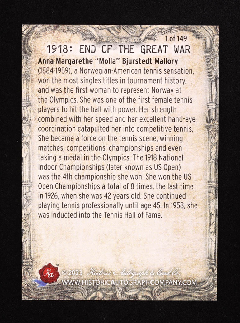 Molla Bjurstedt 2023 Historic Autographs 1918 End of the Great War #104 Women's US Open at PristineAuction.com Molla Bjurstedt 2023 Historic Autographs 1918 End of the Great War #104 Women's US Open at PristineAuction.com