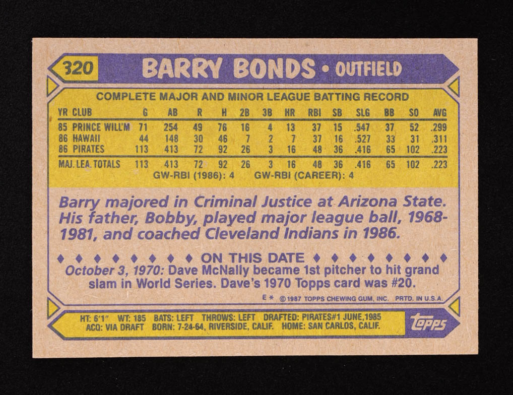 Barry Bonds 1987 Topps #320 RC at PristineAuction.com Barry Bonds 1987 Topps #320 RC at PristineAuction.com
