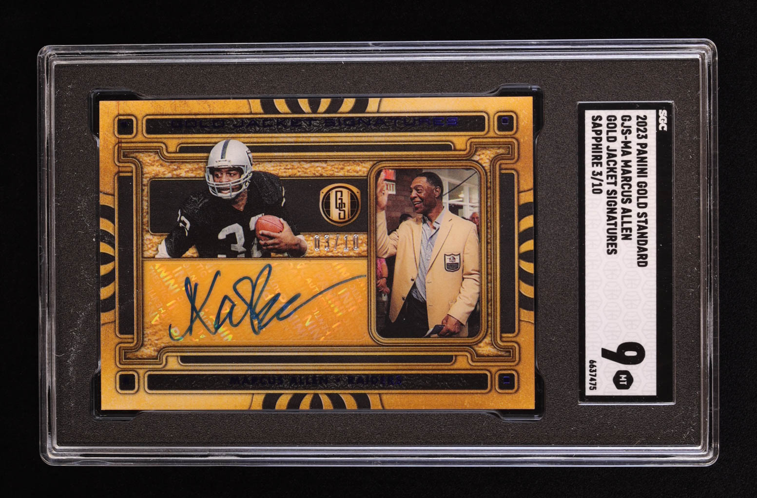 Marcus Allen 2023 Panini Gold Standard Gold Jacket Signatures Sapphire #5 #03/10 (SGC 9) at PristineAuction.com Marcus Allen 2023 Panini Gold Standard Gold Jacket Signatures Sapphire #5 #03/10 (SGC 9) at PristineAuction.com
