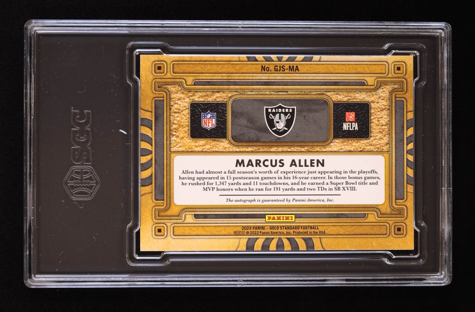 Marcus Allen 2023 Panini Gold Standard Gold Jacket Signatures Sapphire #5 #03/10 (SGC 9) at PristineAuction.com Marcus Allen 2023 Panini Gold Standard Gold Jacket Signatures Sapphire #5 #03/10 (SGC 9) at PristineAuction.com