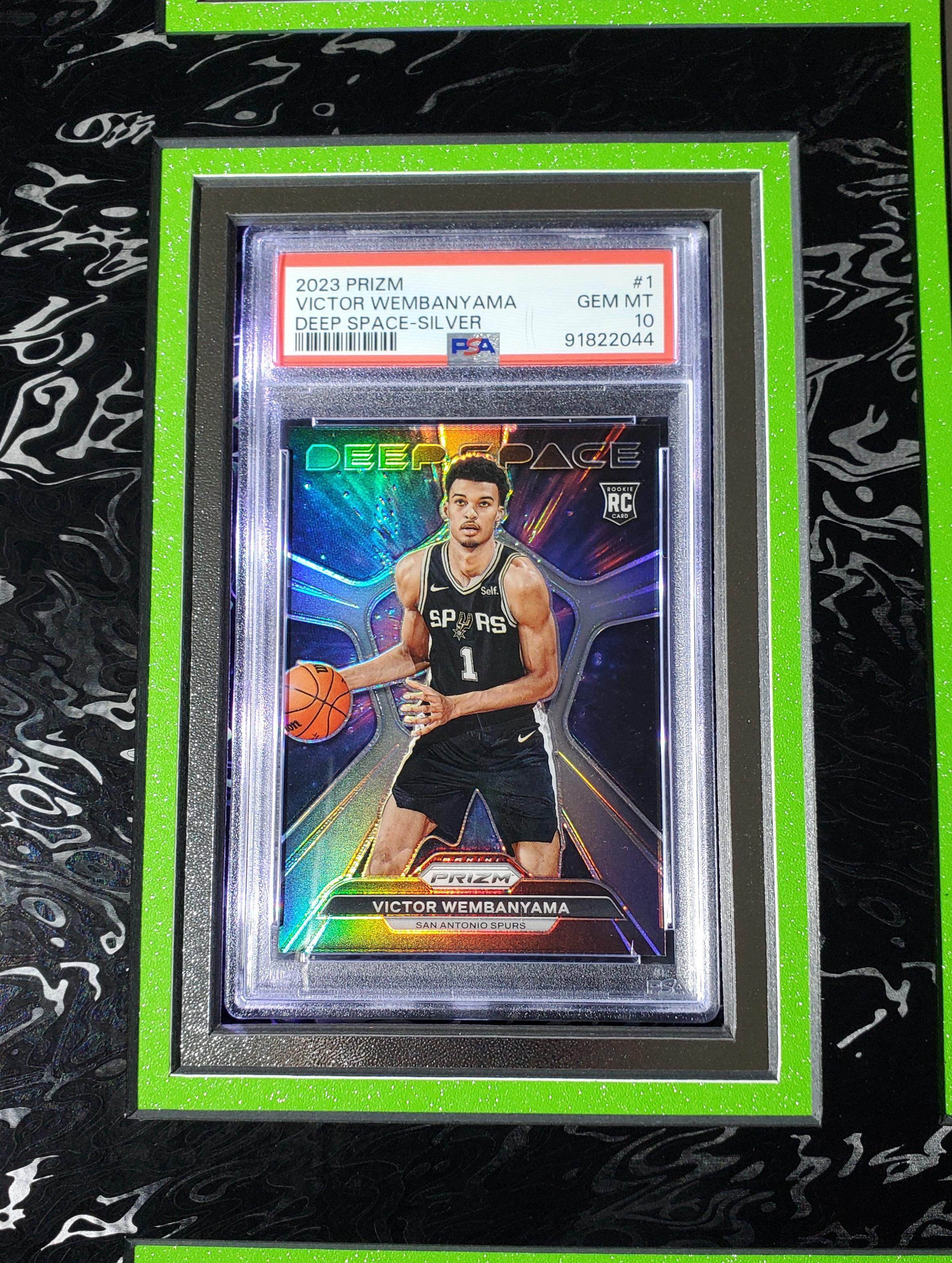 Victor Wembanyama Signed Spurs Custom Framed Nike Jersey with LED Display & (2) PSA 10 Graded Rookie Cards (Fanatics) at PristineAuction.com Victor Wembanyama Signed Spurs Custom Framed Nike Jersey with LED Display & (2) PSA 10 Graded Rookie Cards (Fanatics) at PristineAuction.com