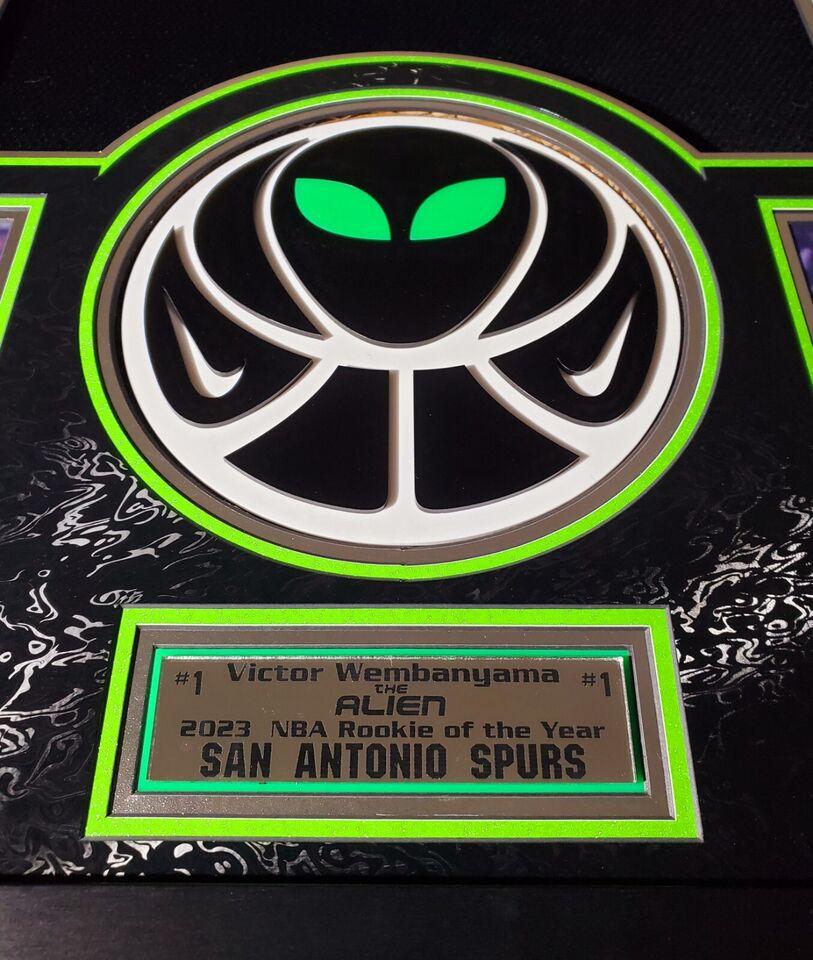 Victor Wembanyama Signed Spurs Custom Framed Nike Jersey with LED Display & (2) PSA 10 Graded Rookie Cards (Fanatics) at PristineAuction.com Victor Wembanyama Signed Spurs Custom Framed Nike Jersey with LED Display & (2) PSA 10 Graded Rookie Cards (Fanatics) at PristineAuction.com