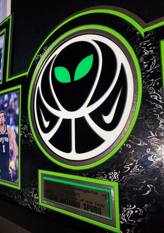 Victor Wembanyama Signed Spurs Custom Framed Nike Jersey with LED Display & (2) PSA 10 Graded Rookie Cards (Fanatics) at PristineAuction.com Victor Wembanyama Signed Spurs Custom Framed Nike Jersey with LED Display & (2) PSA 10 Graded Rookie Cards (Fanatics) at PristineAuction.com