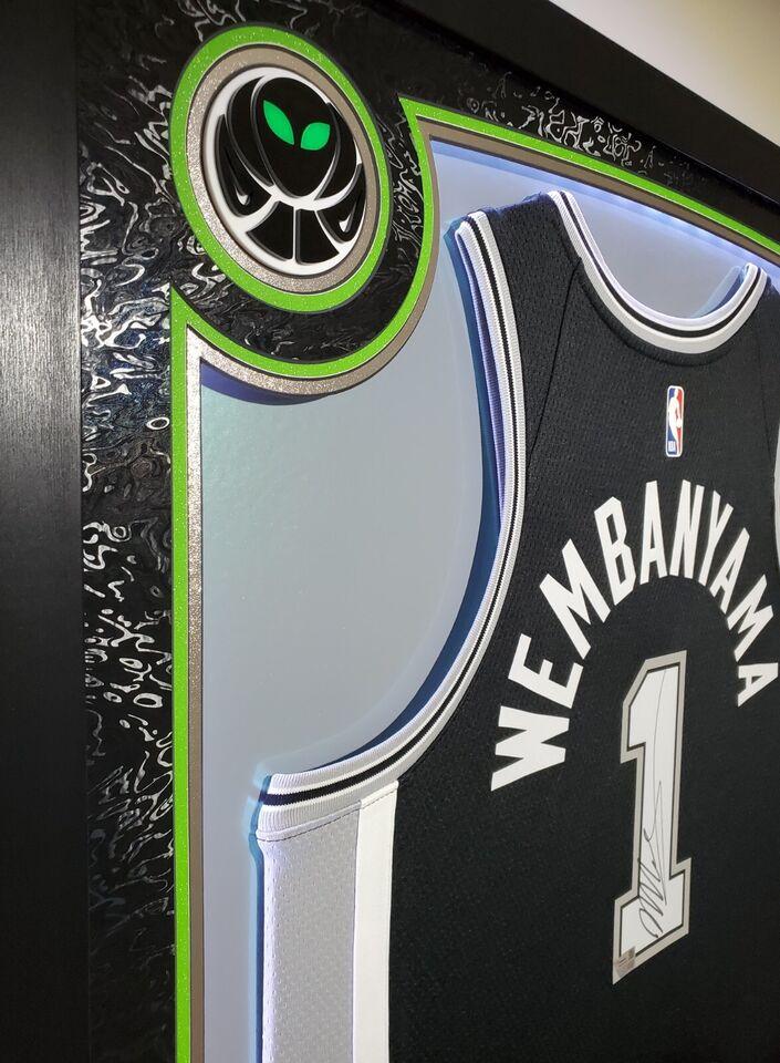 Victor Wembanyama Signed Spurs Custom Framed Nike Jersey with LED Display & (2) PSA 10 Graded Rookie Cards (Fanatics) at PristineAuction.com Victor Wembanyama Signed Spurs Custom Framed Nike Jersey with LED Display & (2) PSA 10 Graded Rookie Cards (Fanatics) at PristineAuction.com