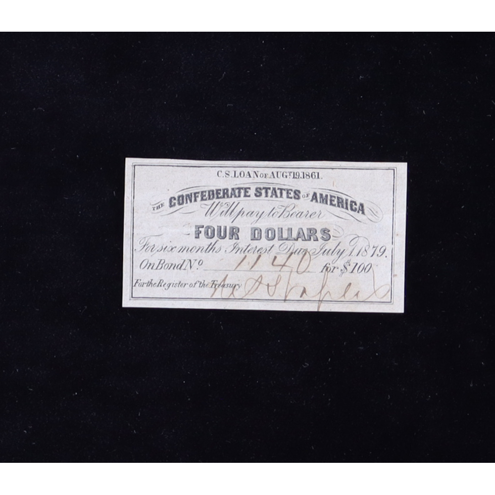 1879 Confederate States of America $4 Four Dollar Bond | Pristine Auction