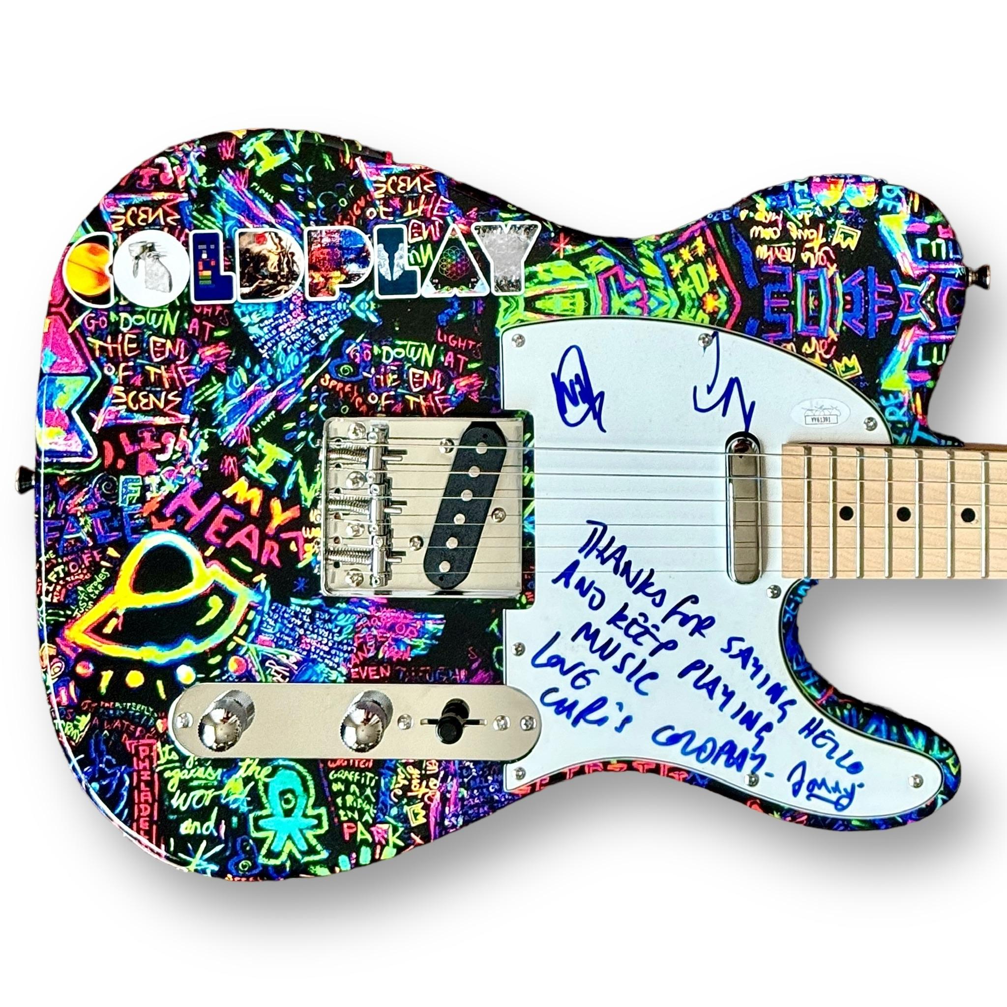 "Coldplay" Custom Electric Guitar Band-Signed By (4) with Chris Martin, Johnny Buckland, Guy Berryman & Will Champion (JSA) at PristineAuction.com "Coldplay" Custom Electric Guitar Band-Signed By (4) with Chris Martin, Johnny Buckland, Guy Berryman & Will Champion (JSA) at PristineAuction.com