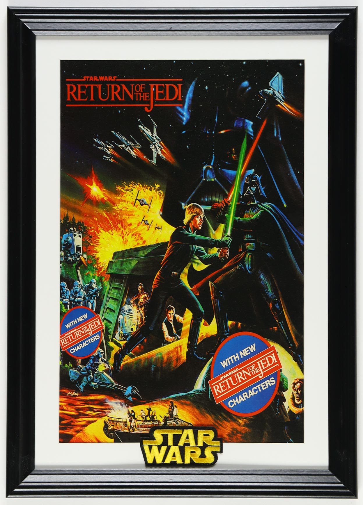 1983 "Star Wars: Return of the Jedi" Hi-C Custom Framed Print Display with "Star Wars" Patch at PristineAuction.com 1983 "Star Wars: Return of the Jedi" Hi-C Custom Framed Print Display with "Star Wars" Patch at PristineAuction.com