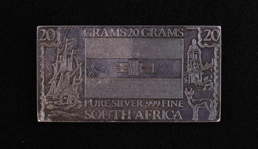 The Silver Mint Vintage South African Flag 20 gram .999 Fine Silver Bullion Bar at PristineAuction.com The Silver Mint Vintage South African Flag 20 gram .999 Fine Silver Bullion Bar at PristineAuction.com