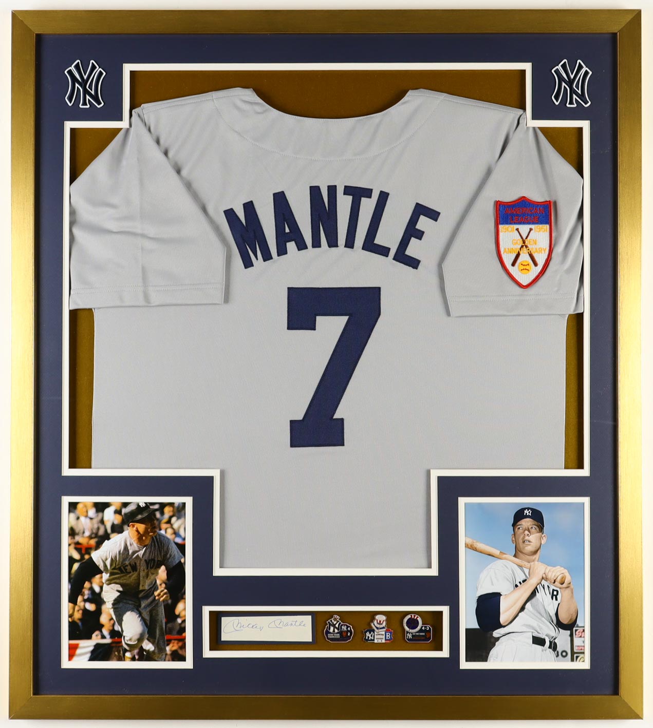 Mickey Mantle Signed Custom Framed Cut Display with Jersey, (3) World Series Pins & (2) Cloth Team Logo Patches (JSA) at PristineAuction.com Mickey Mantle Signed Custom Framed Cut Display with Jersey, (3) World Series Pins & (2) Cloth Team Logo Patches (JSA) at PristineAuction.com