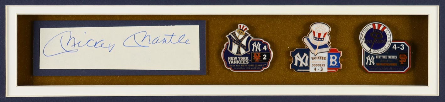 Mickey Mantle Signed Custom Framed Cut Display with Jersey, (3) World Series Pins & (2) Cloth Team Logo Patches (JSA) at PristineAuction.com Mickey Mantle Signed Custom Framed Cut Display with Jersey, (3) World Series Pins & (2) Cloth Team Logo Patches (JSA) at PristineAuction.com