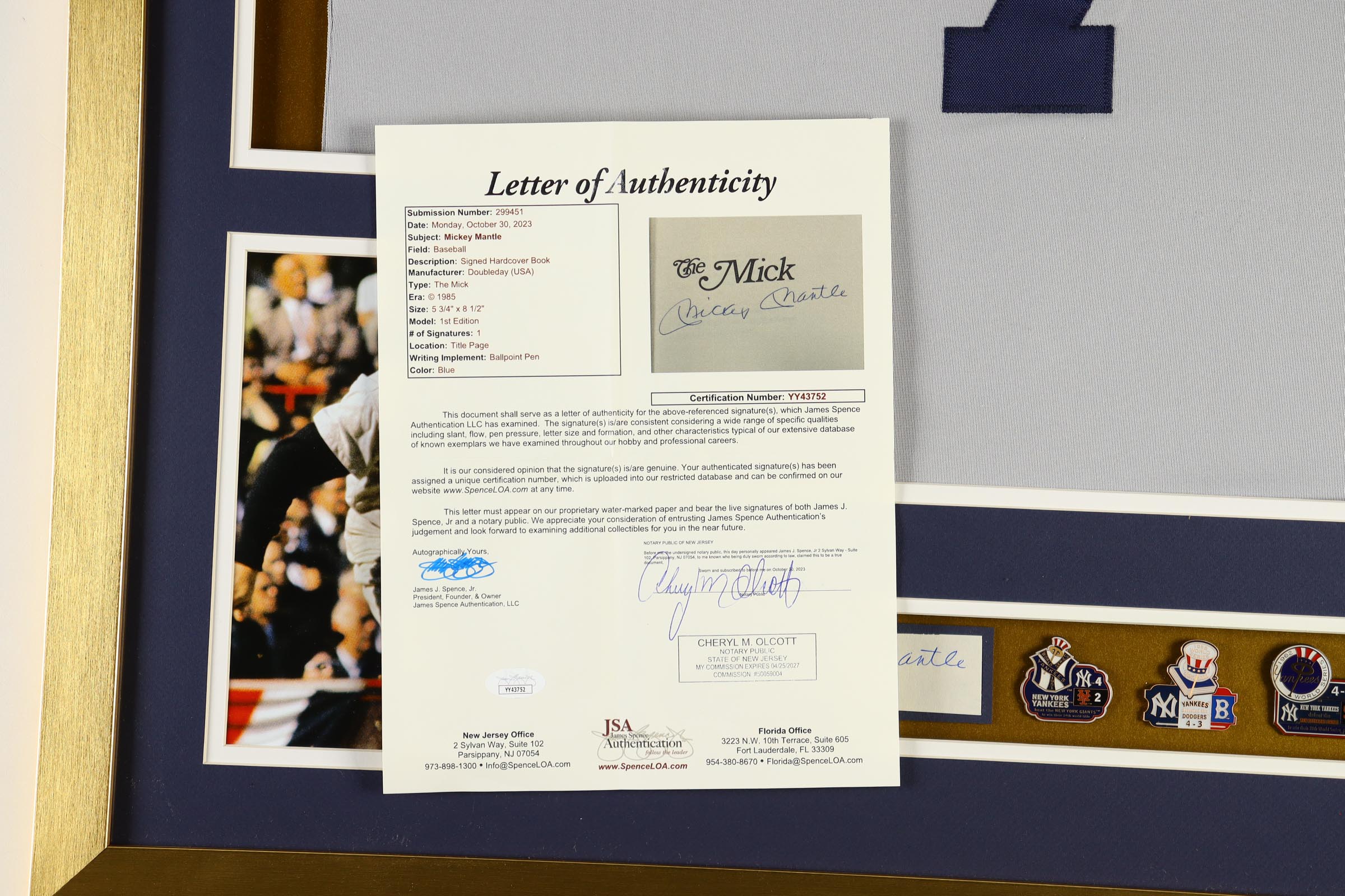 Mickey Mantle Signed Custom Framed Cut Display with Jersey, (3) World Series Pins & (2) Cloth Team Logo Patches (JSA) at PristineAuction.com Mickey Mantle Signed Custom Framed Cut Display with Jersey, (3) World Series Pins & (2) Cloth Team Logo Patches (JSA) at PristineAuction.com