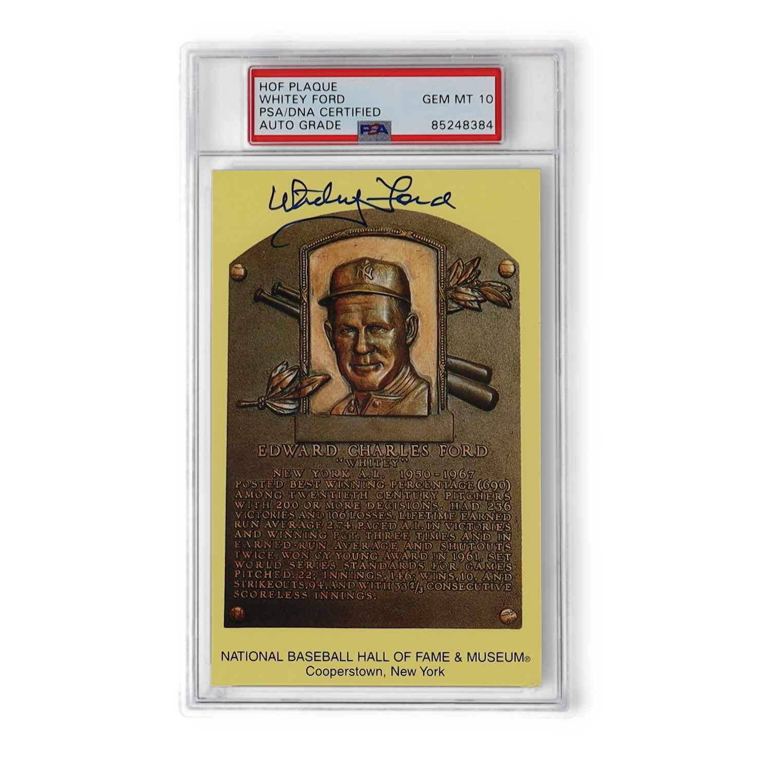 Whitey Ford Signed Hall of Fame Plaque Postcard (PSA | Auto Grade 10) at PristineAuction.com Whitey Ford Signed Hall of Fame Plaque Postcard (PSA | Auto Grade 10) at PristineAuction.com