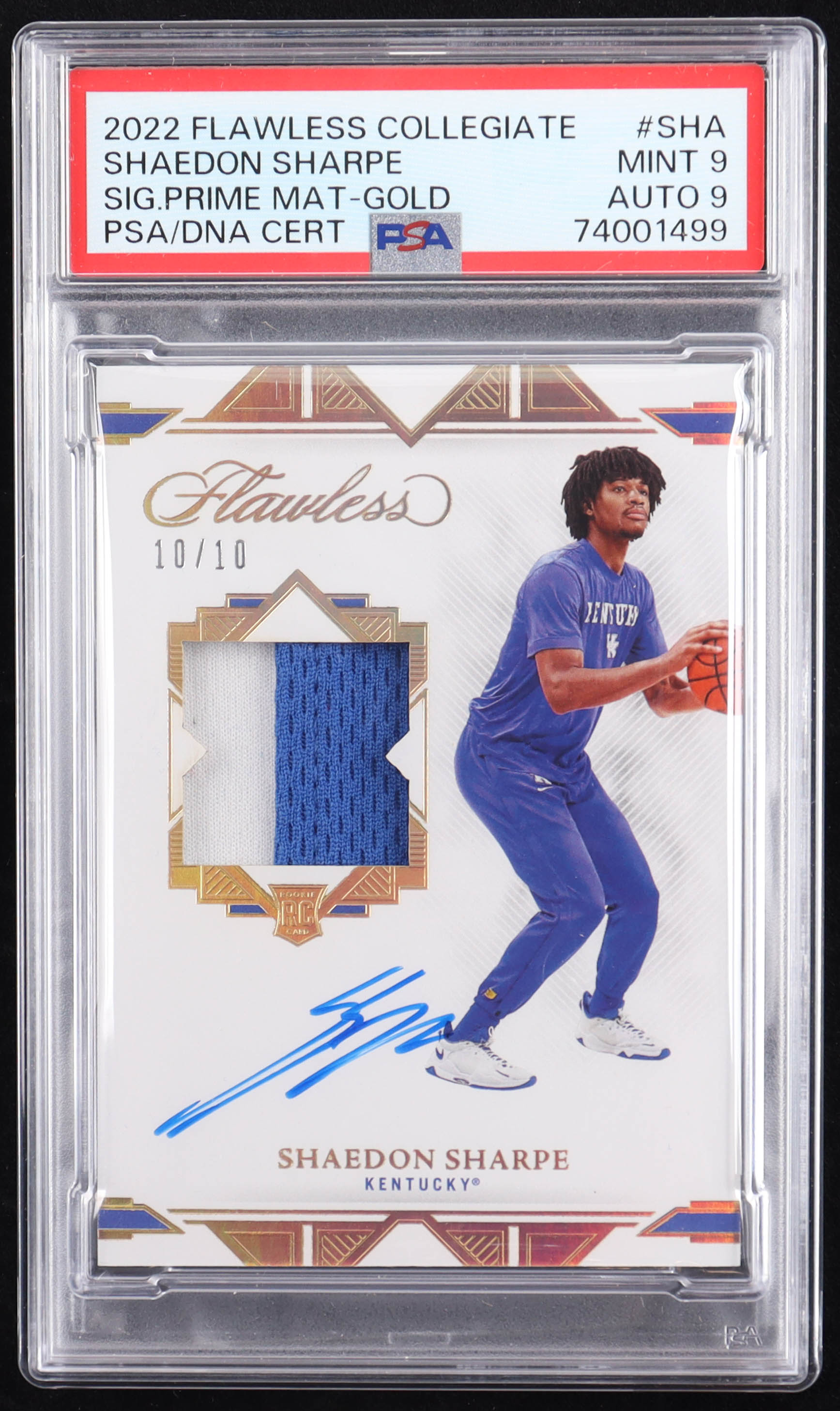 Shaedon Sharpe 2022-23 Panini Flawless Collegiate Signature Prime Materials Gold #15 RC #10/10 (PSA 9 | Autograph Grade 9) at PristineAuction.com Shaedon Sharpe 2022-23 Panini Flawless Collegiate Signature Prime Materials Gold #15 RC #10/10 (PSA 9 | Autograph Grade 9) at PristineAuction.com