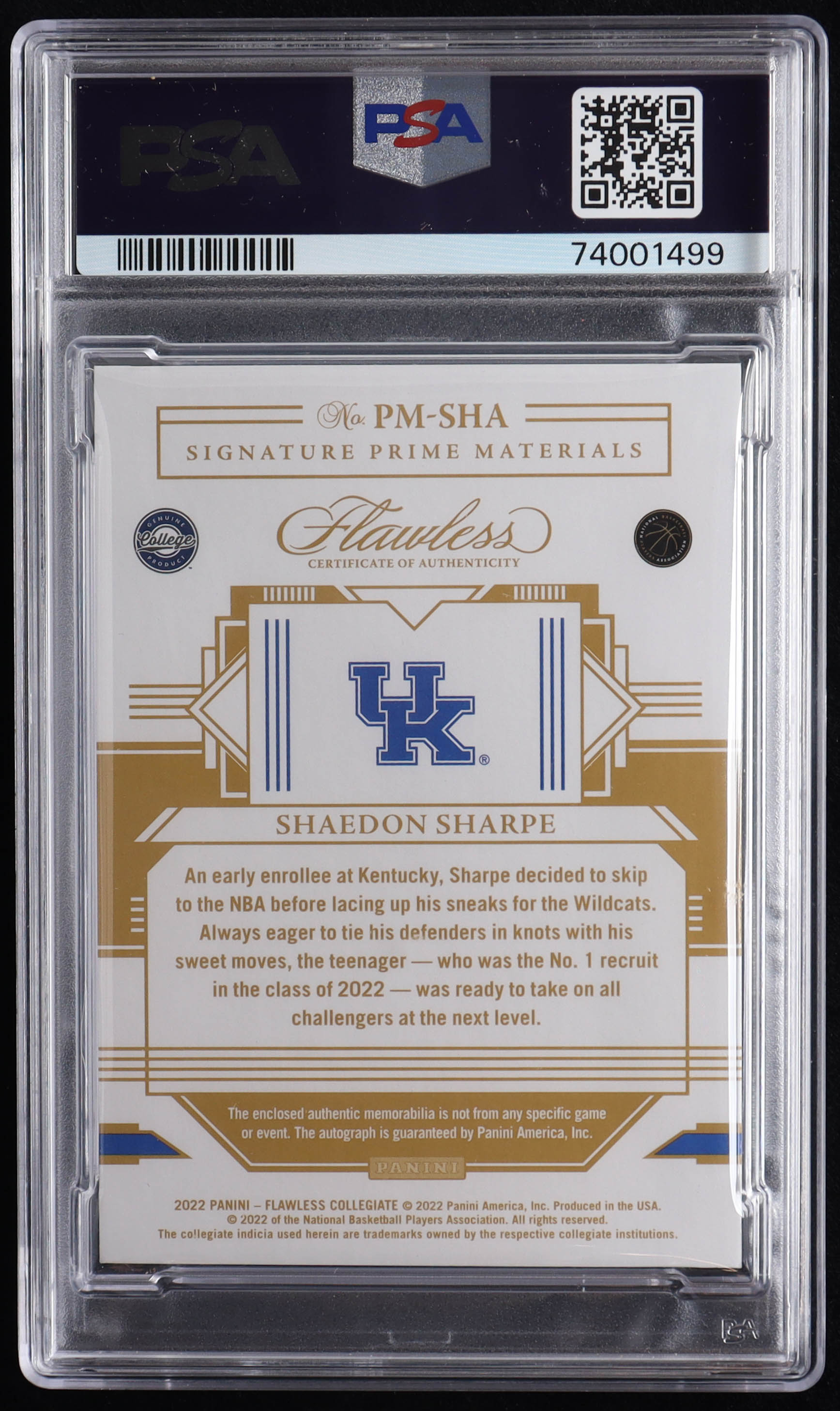 Shaedon Sharpe 2022-23 Panini Flawless Collegiate Signature Prime Materials Gold #15 RC #10/10 (PSA 9 | Autograph Grade 9) at PristineAuction.com Shaedon Sharpe 2022-23 Panini Flawless Collegiate Signature Prime Materials Gold #15 RC #10/10 (PSA 9 | Autograph Grade 9) at PristineAuction.com
