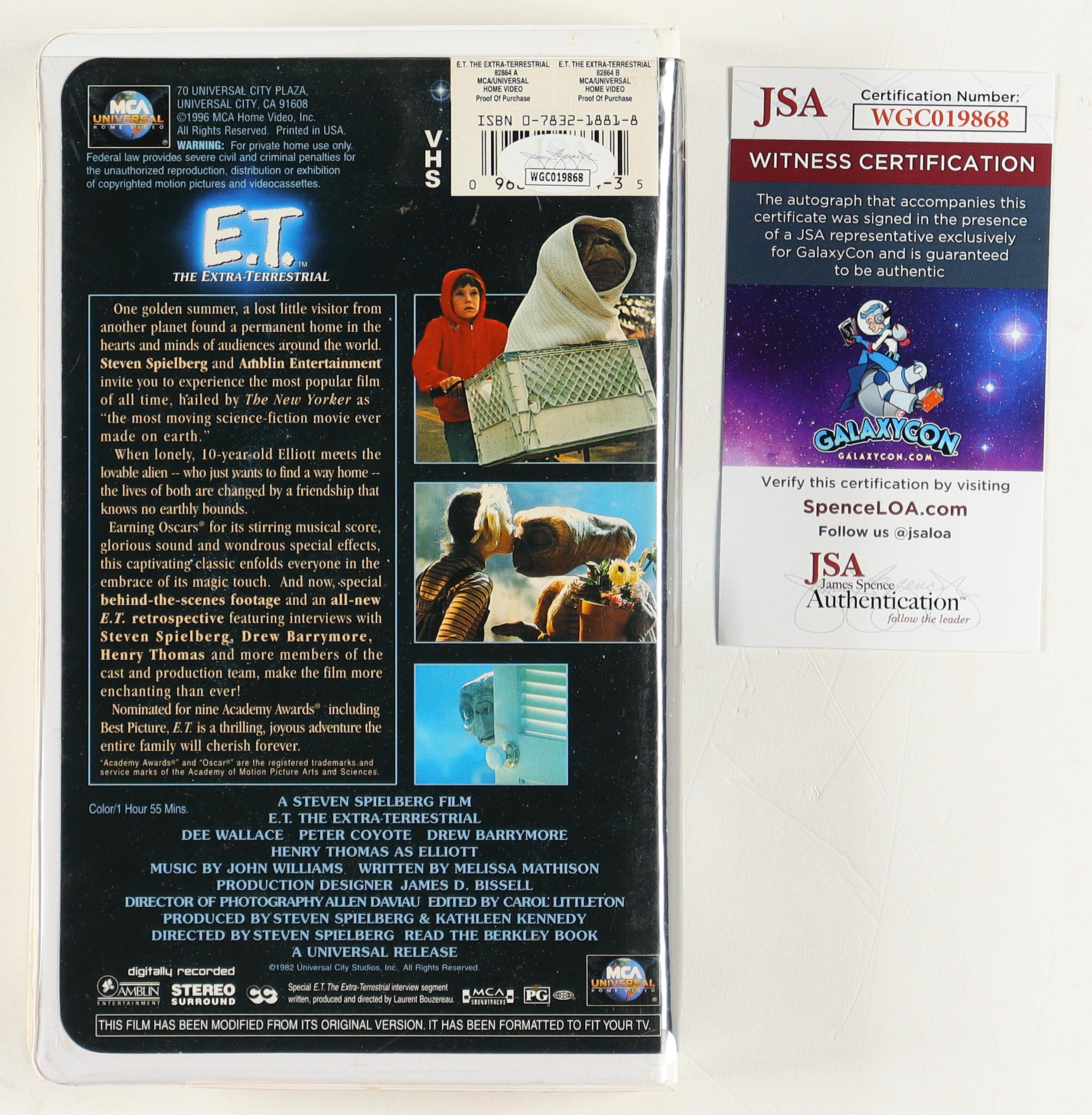 "E.T. The Extra-Terrestrial" VHS Cover Insert Signed By (5) with Dee Wallace, Henry Thomas, Matthew De Meritt & Robert MacNaughton & Character Name Inscriptions (JSA) at PristineAuction.com "E.T. The Extra-Terrestrial" VHS Cover Insert Signed By (5) with Dee Wallace, Henry Thomas, Matthew De Meritt & Robert MacNaughton & Character Name Inscriptions (JSA) at PristineAuction.com