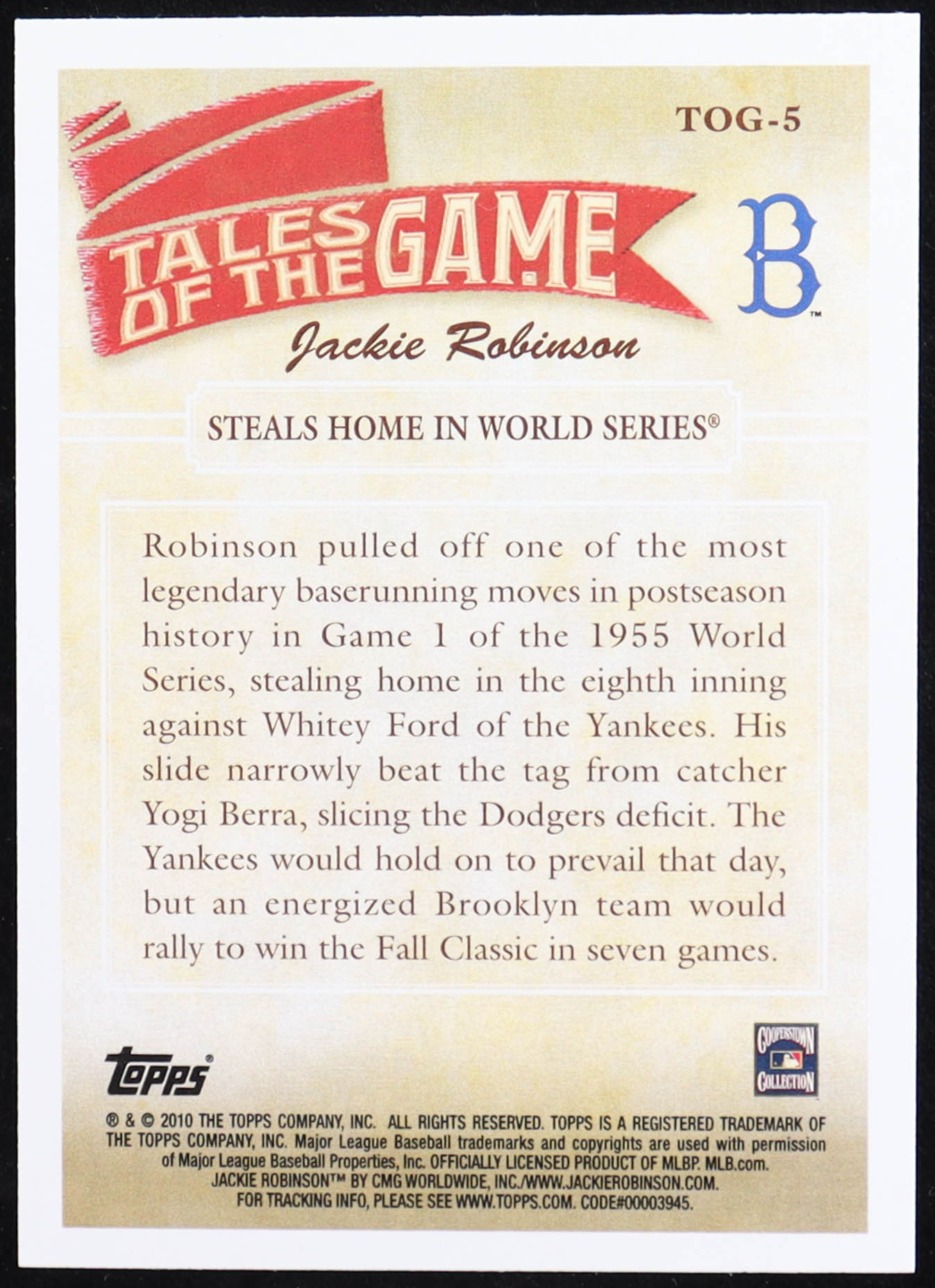 Jackie Robinson 2010 Topps Tales of the Game #TOG5 Steals Home in World Series at PristineAuction.com Jackie Robinson 2010 Topps Tales of the Game #TOG5 Steals Home in World Series at PristineAuction.com