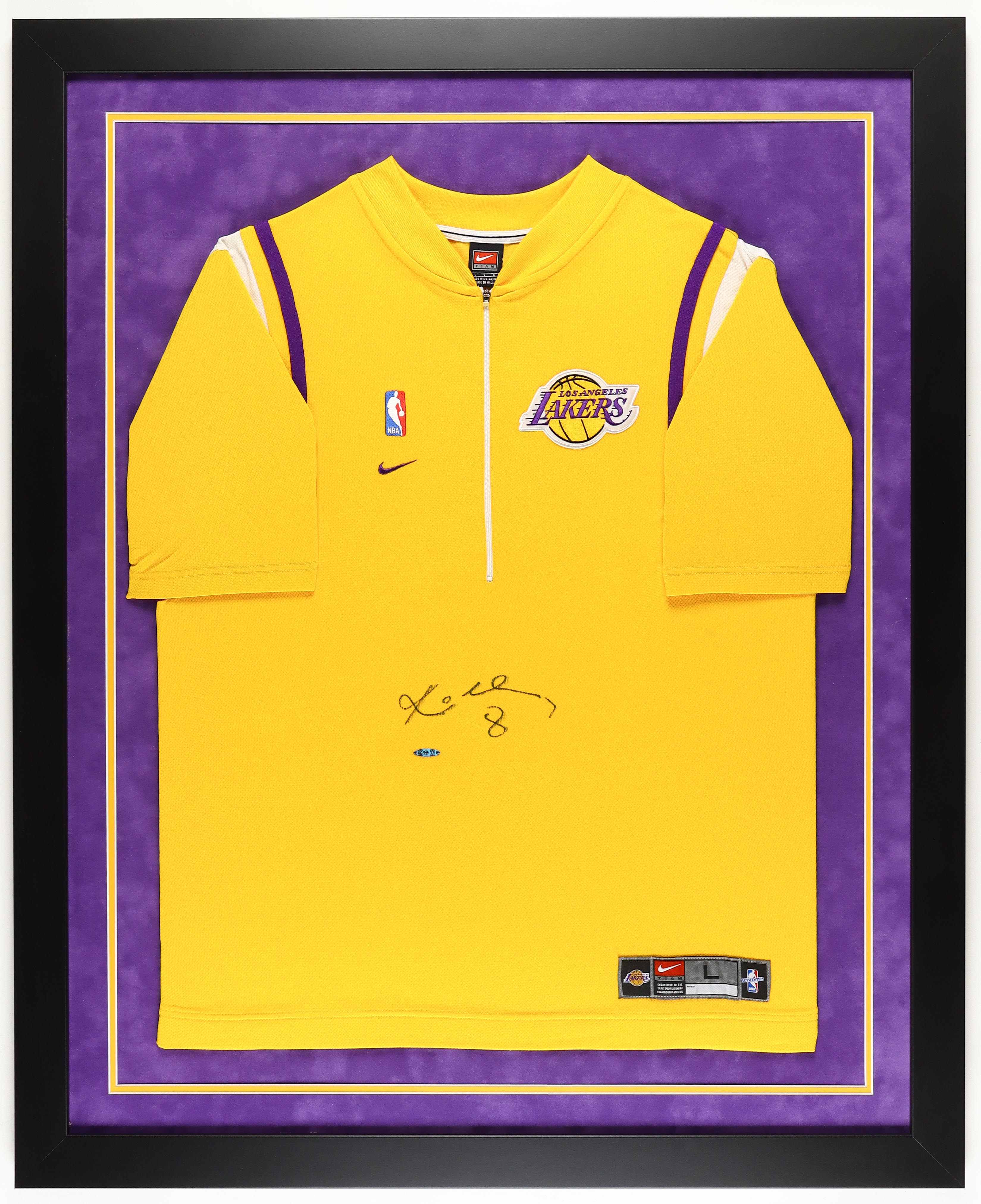 Kobe Bryant Signed Lakers Custom Framed Rookie Era Warm-Up Shooting Shirt Inscribed "8" (UDA) at PristineAuction.com Kobe Bryant Signed Lakers Custom Framed Rookie Era Warm-Up Shooting Shirt Inscribed "8" (UDA) at PristineAuction.com