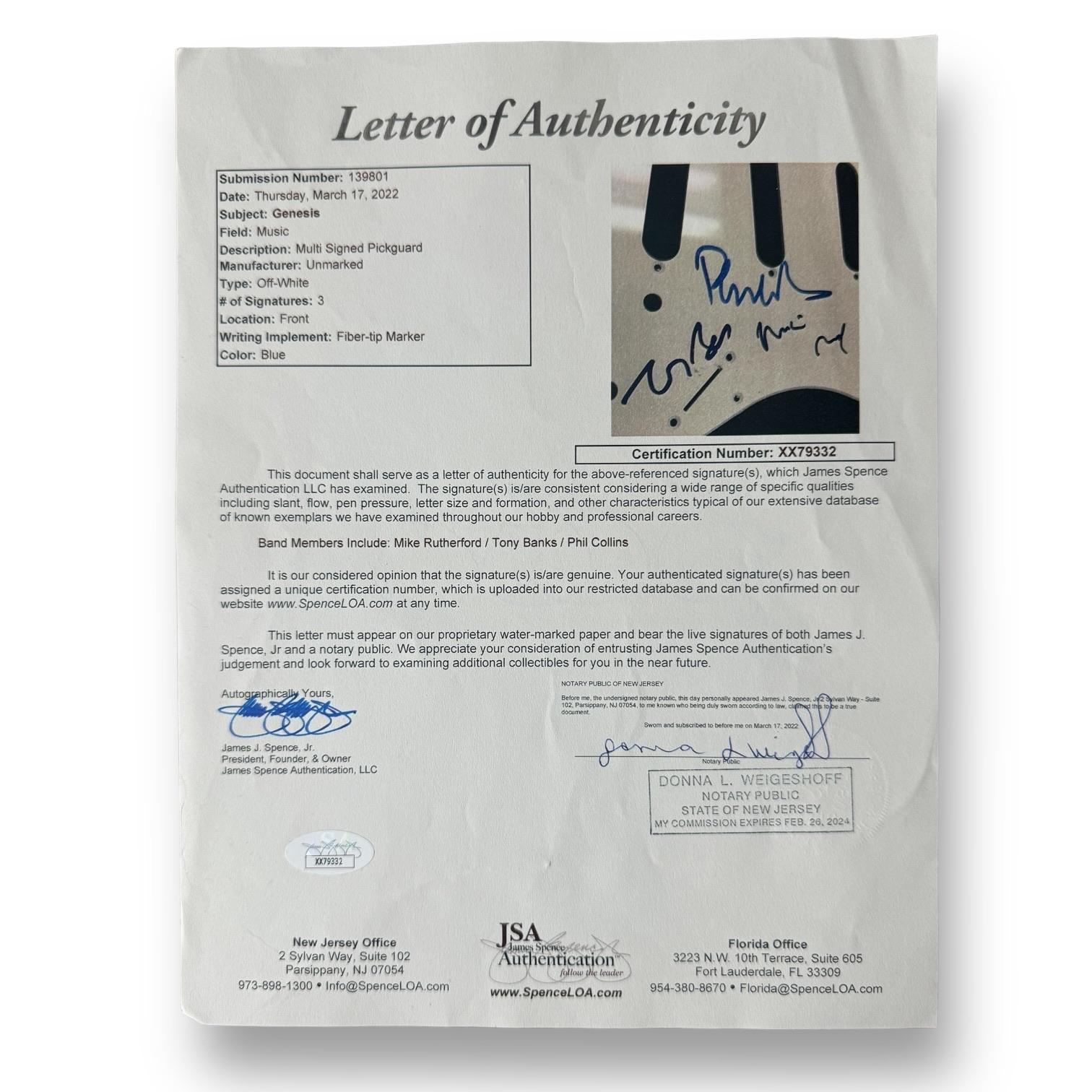 Phil Collins, Mike Rutherford & Tony Banks Signed "Genesis" Custom 39" Electric Guitar (JSA) at PristineAuction.com Phil Collins, Mike Rutherford & Tony Banks Signed "Genesis" Custom 39" Electric Guitar (JSA) at PristineAuction.com