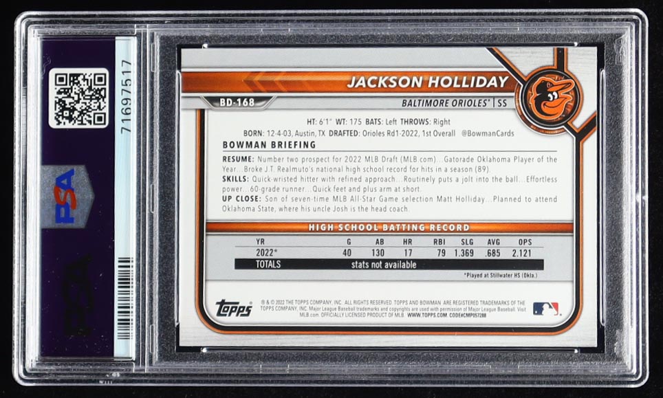 Jackson Holliday 2022 Bowman Draft 1st Edition #BD168 RC (PSA 10) at PristineAuction.com Jackson Holliday 2022 Bowman Draft 1st Edition #BD168 RC (PSA 10) at PristineAuction.com