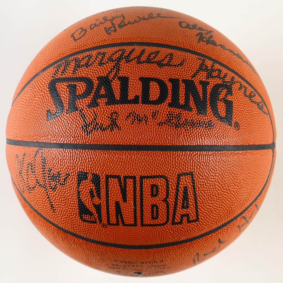 "Basketball Hall Of Famers" Spalding Basketball With Wood Display Stand Signed By (8) With Bill Walton, K.C. Jones, Bob Kurland, Red Holzman (PSA) at PristineAuction.com "Basketball Hall Of Famers" Spalding Basketball With Wood Display Stand Signed By (8) With Bill Walton, K.C. Jones, Bob Kurland, Red Holzman (PSA) at PristineAuction.com