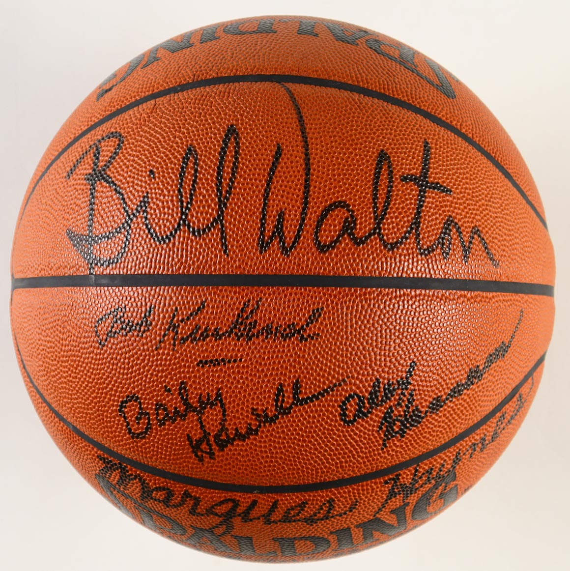 "Basketball Hall Of Famers" Spalding Basketball With Wood Display Stand Signed By (8) With Bill Walton, K.C. Jones, Bob Kurland, Red Holzman (PSA) at PristineAuction.com "Basketball Hall Of Famers" Spalding Basketball With Wood Display Stand Signed By (8) With Bill Walton, K.C. Jones, Bob Kurland, Red Holzman (PSA) at PristineAuction.com