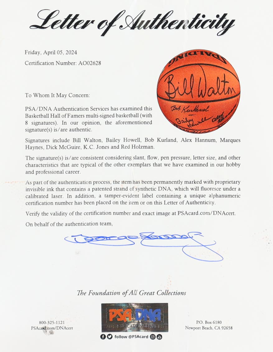 "Basketball Hall Of Famers" Spalding Basketball With Wood Display Stand Signed By (8) With Bill Walton, K.C. Jones, Bob Kurland, Red Holzman (PSA) at PristineAuction.com "Basketball Hall Of Famers" Spalding Basketball With Wood Display Stand Signed By (8) With Bill Walton, K.C. Jones, Bob Kurland, Red Holzman (PSA) at PristineAuction.com